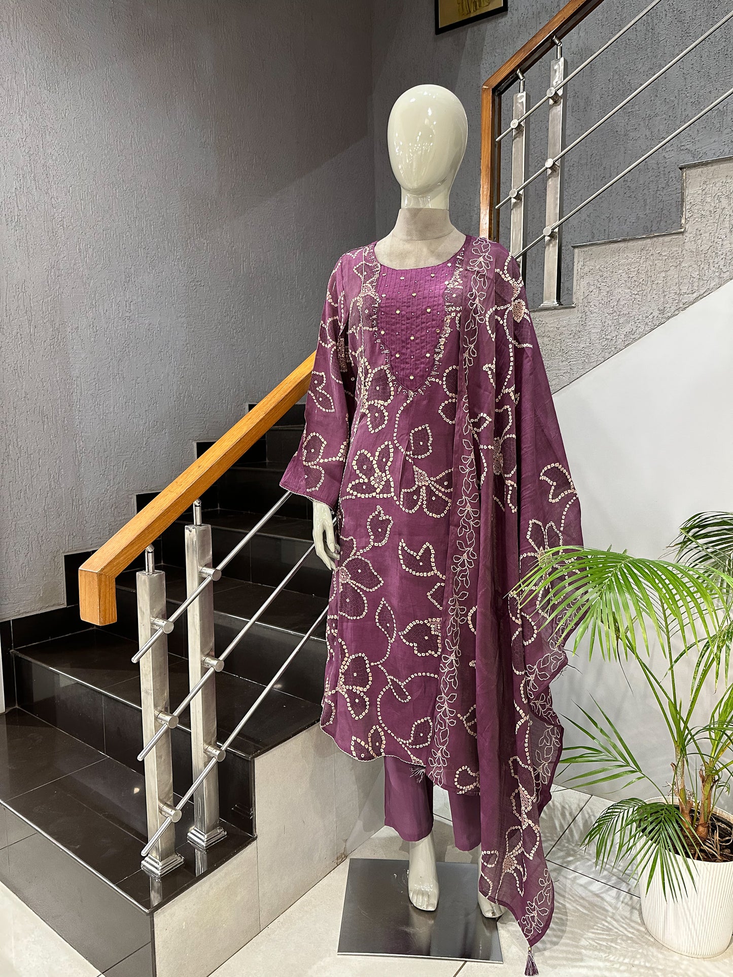 Elegant Wine Muslin Ready-to-Wear Churidar Set with Mirror Work & Designer Dupatta