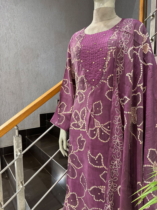 Elegant Wine Muslin Ready-to-Wear Churidar Set with Mirror Work & Designer Dupatta