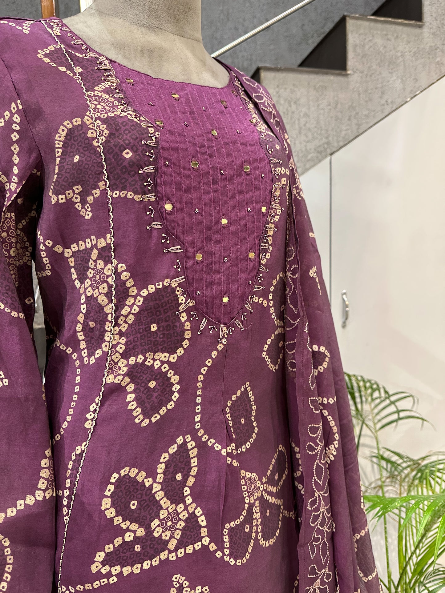 Elegant Wine Muslin Ready-to-Wear Churidar Set with Mirror Work & Designer Dupatta