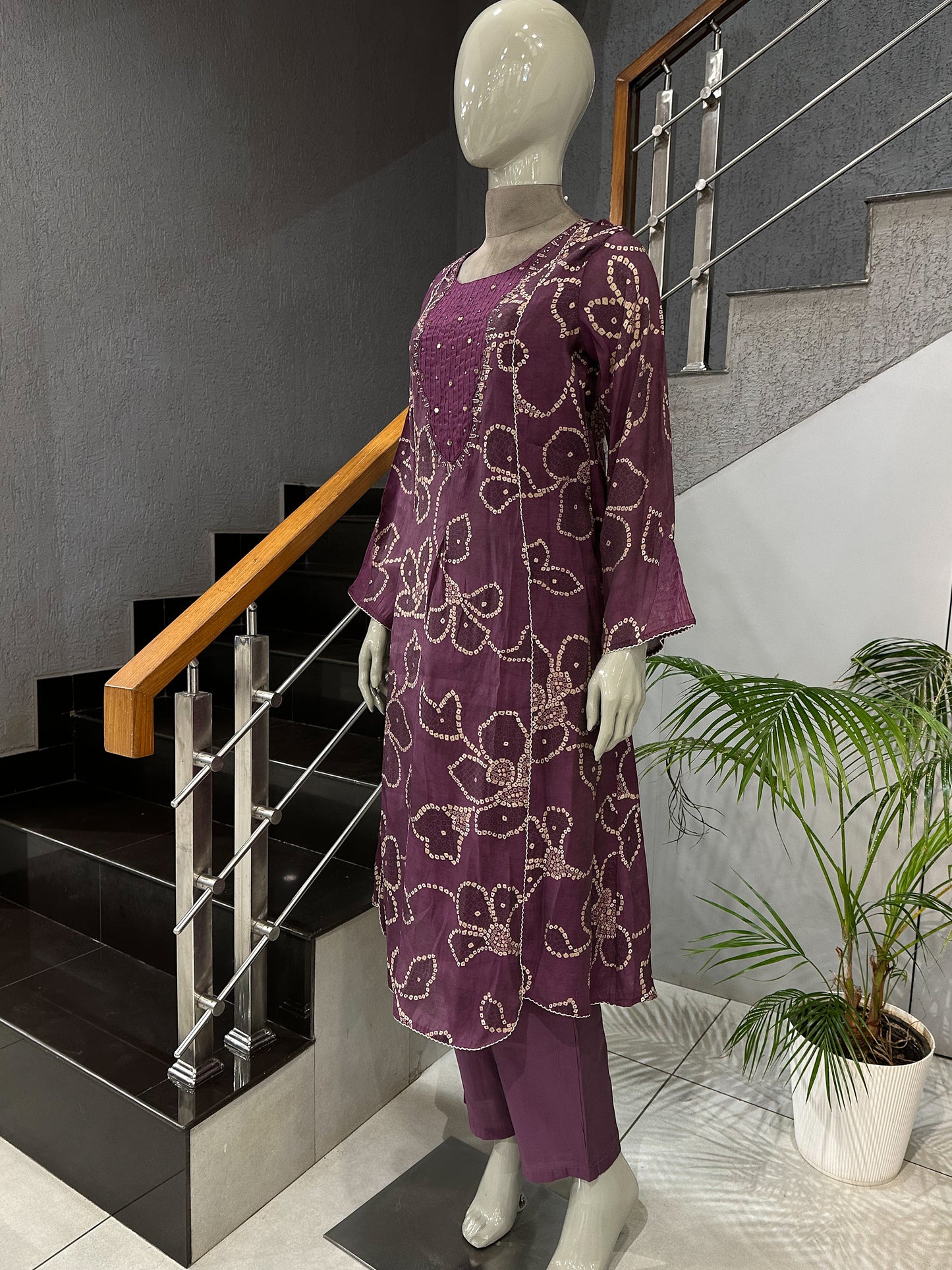 Elegant Wine Muslin Ready-to-Wear Churidar Set with Mirror Work & Designer Dupatta