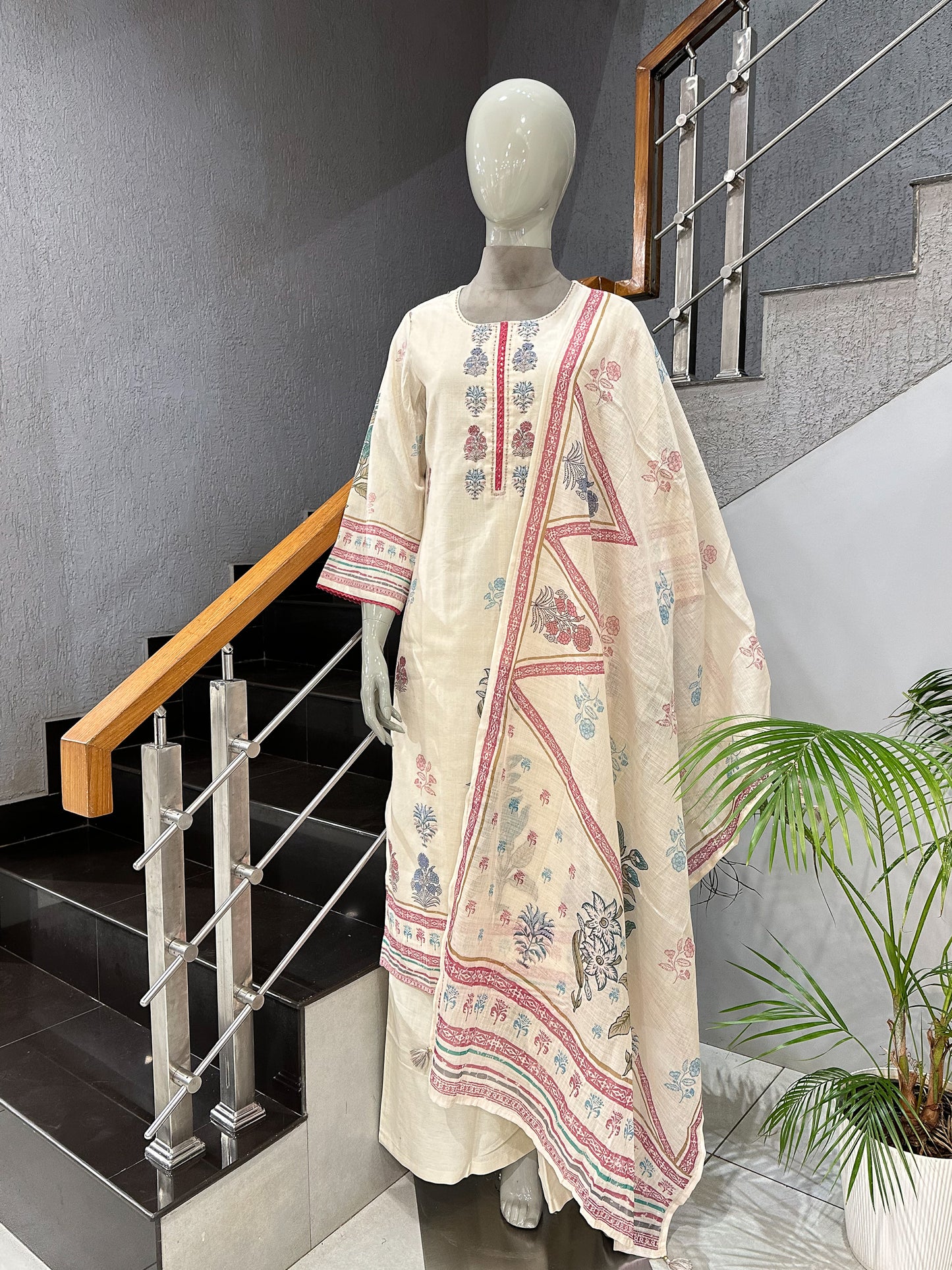 Elegant Off-White Cotton Churidar Set with Floral Prints & Designer Dupatta