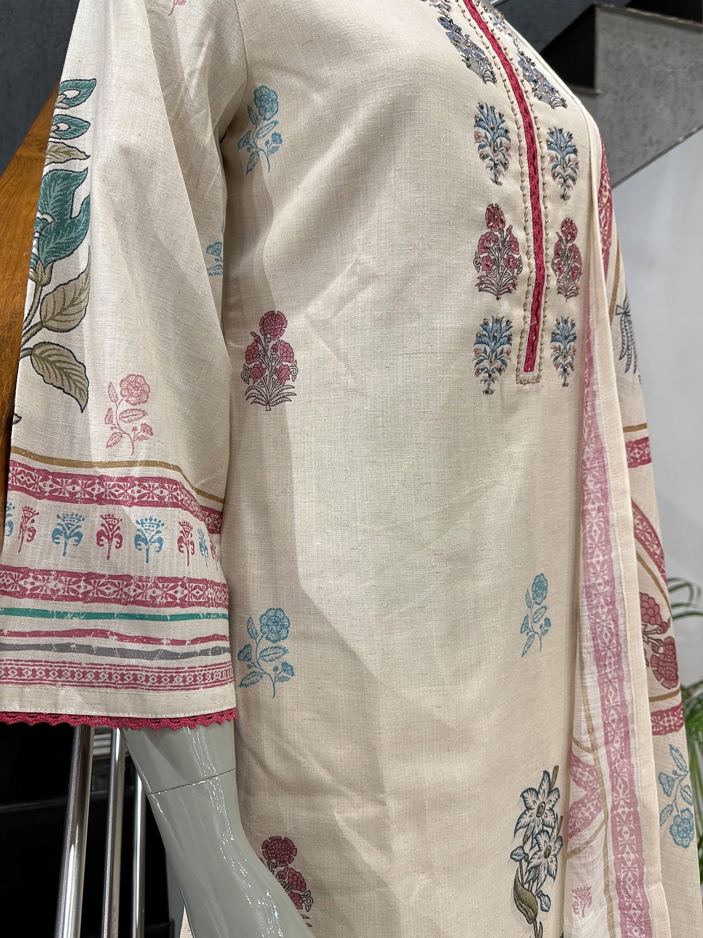 Elegant Off-White Cotton Churidar Set with Floral Prints & Designer Dupatta