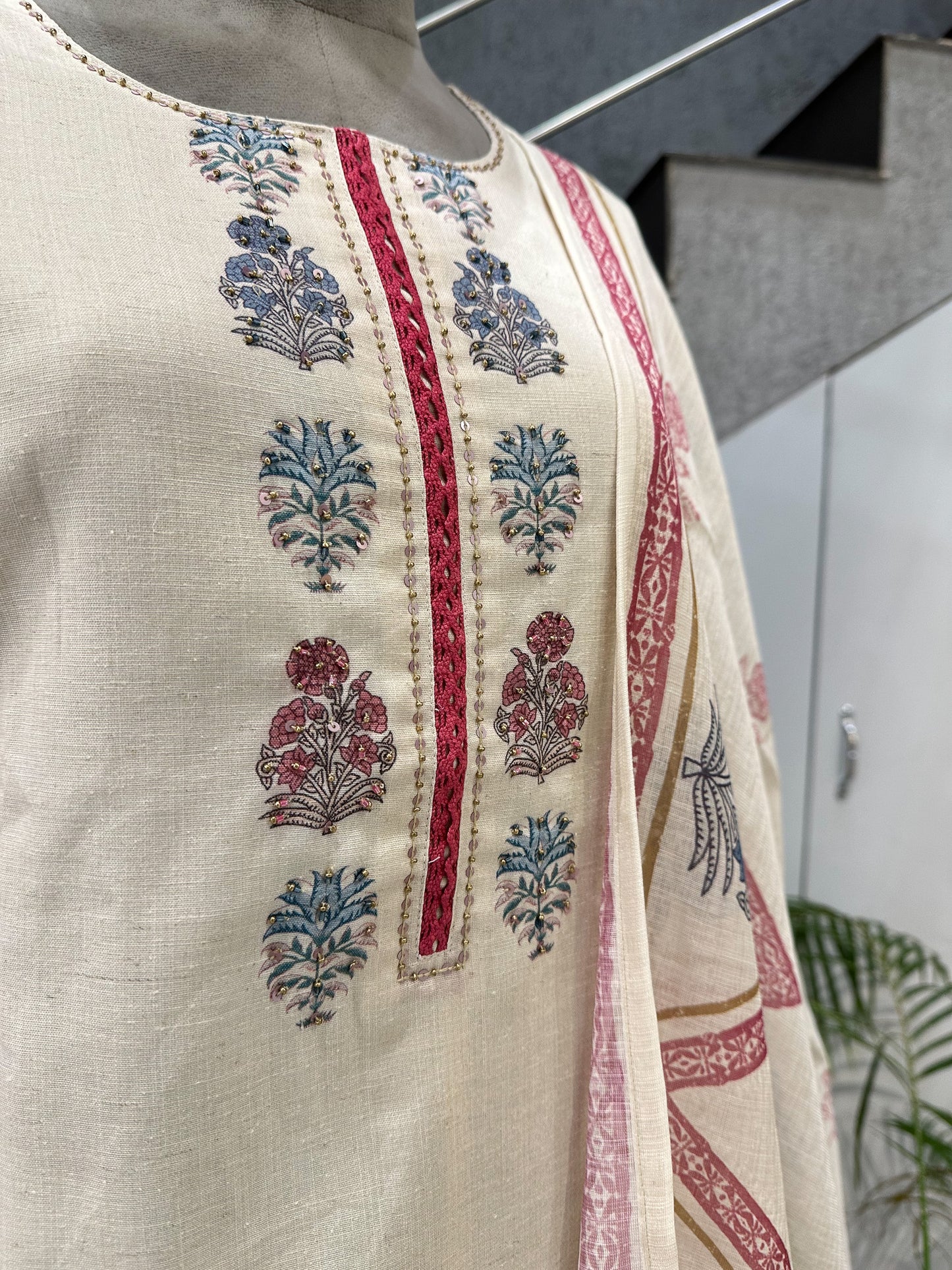 Elegant Off-White Cotton Churidar Set with Floral Prints & Designer Dupatta