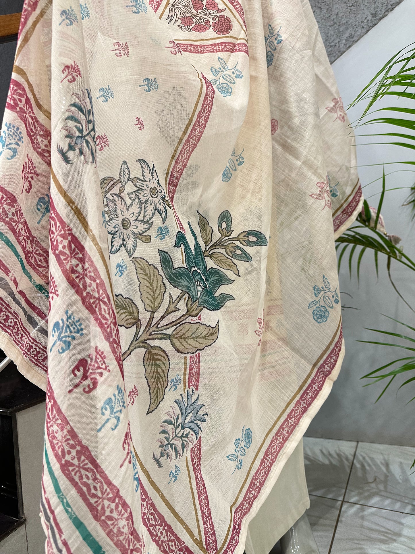 Elegant Off-White Cotton Churidar Set with Floral Prints & Designer Dupatta