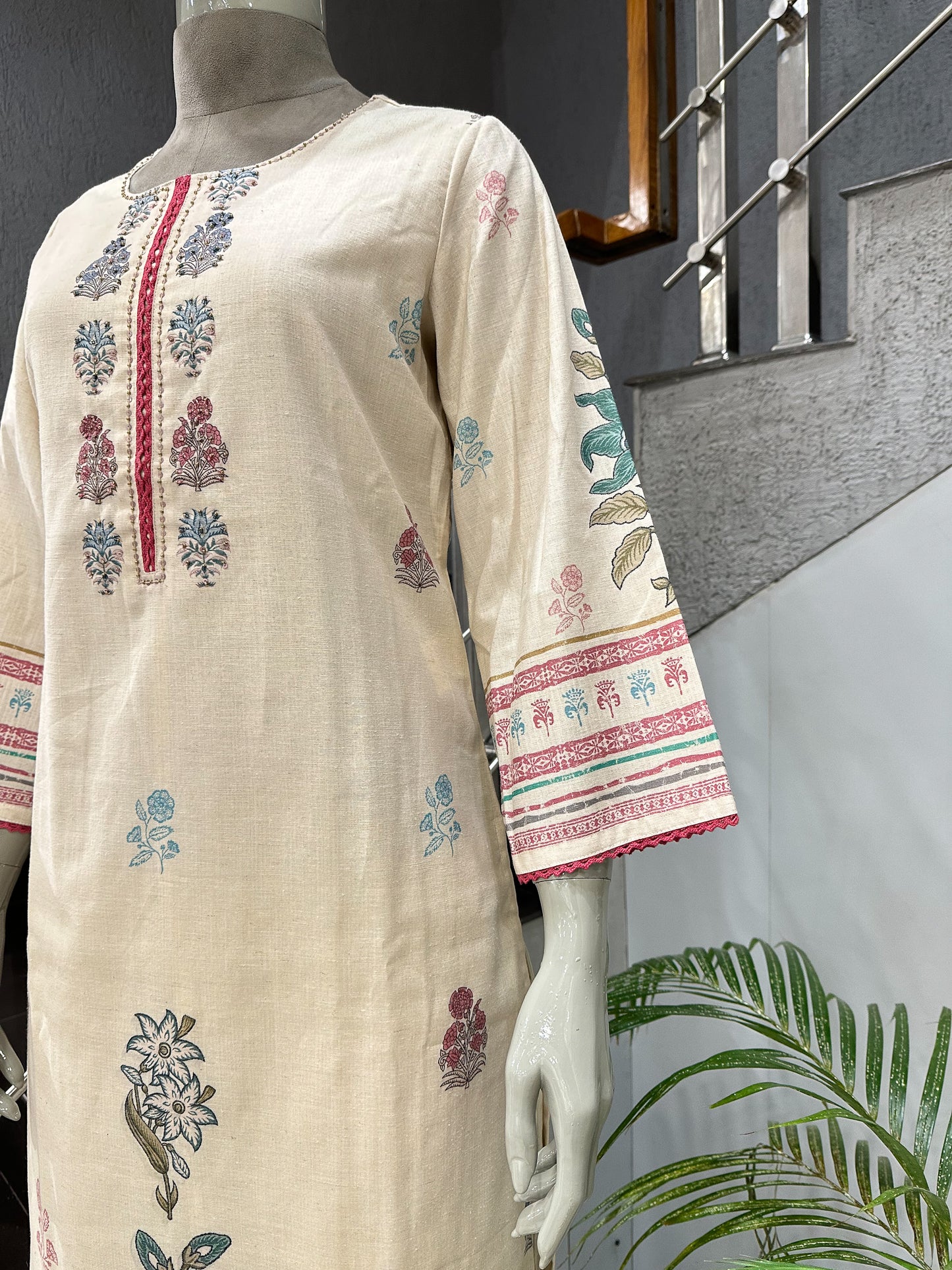 Elegant Off-White Cotton Churidar Set with Floral Prints & Designer Dupatta