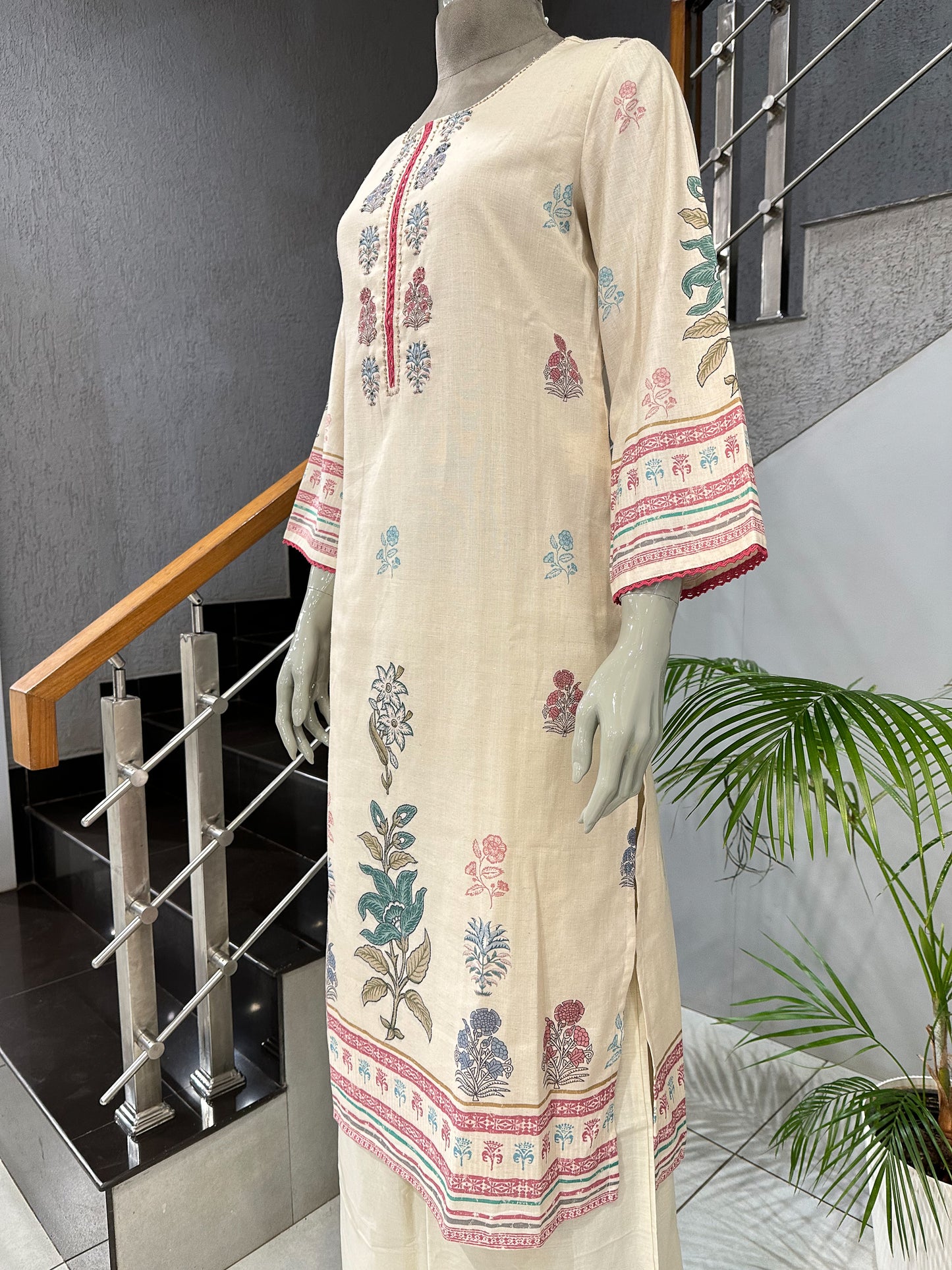 Elegant Off-White Cotton Churidar Set with Floral Prints & Designer Dupatta