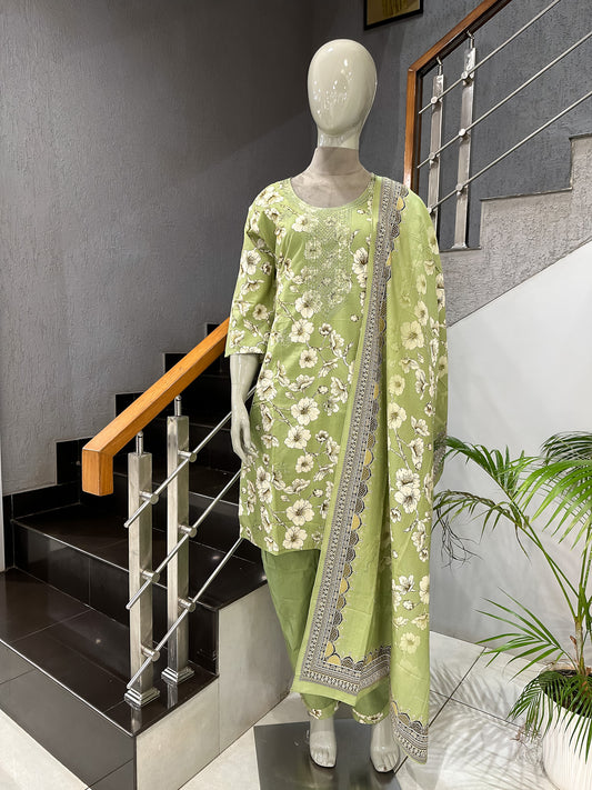 Fresh Green Floral Cotton Churidar Set with Embroidered Neck & Printed Dupatta
