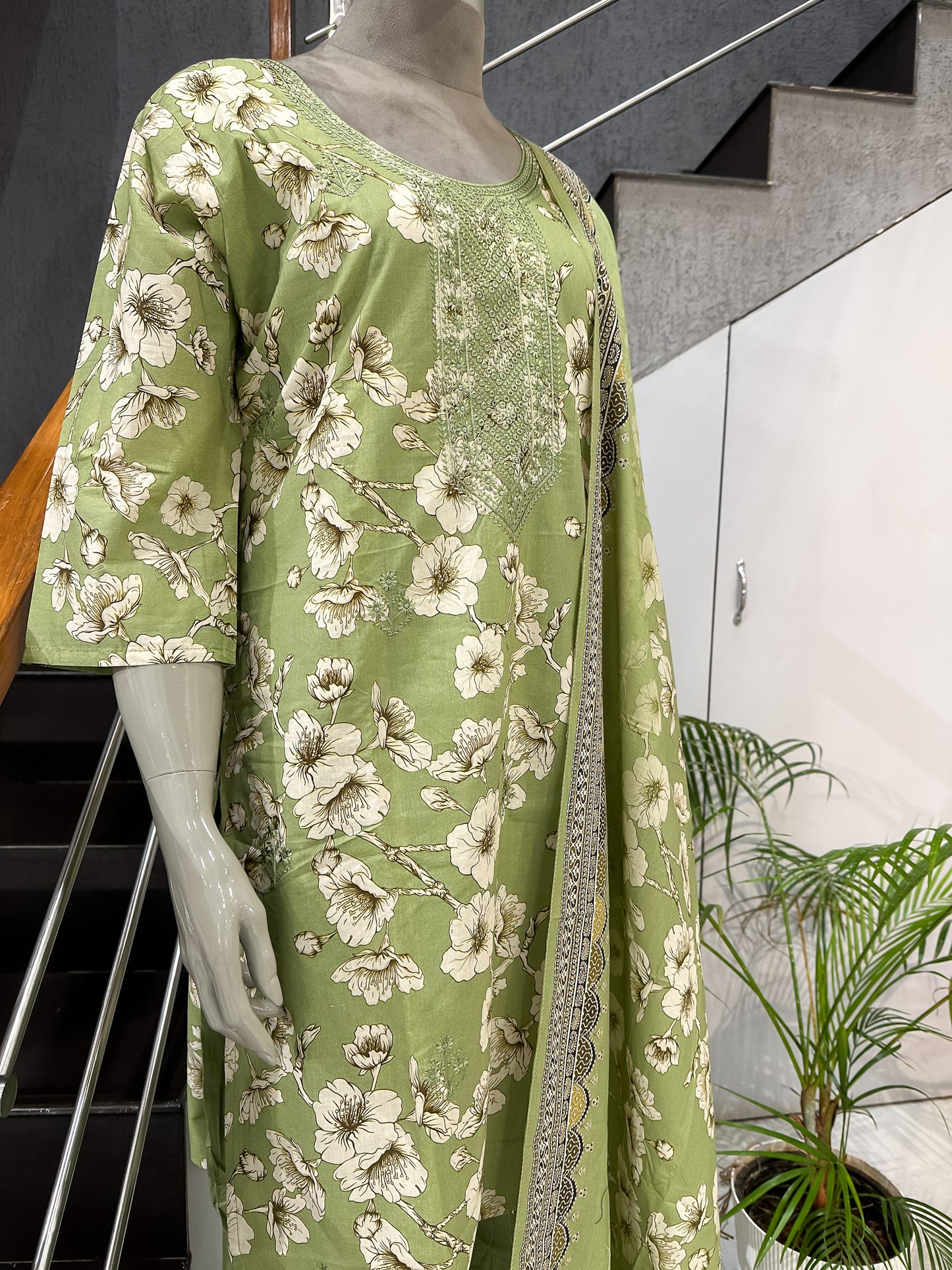Fresh Green Floral Cotton Churidar Set with Embroidered Neck & Printed Dupatta