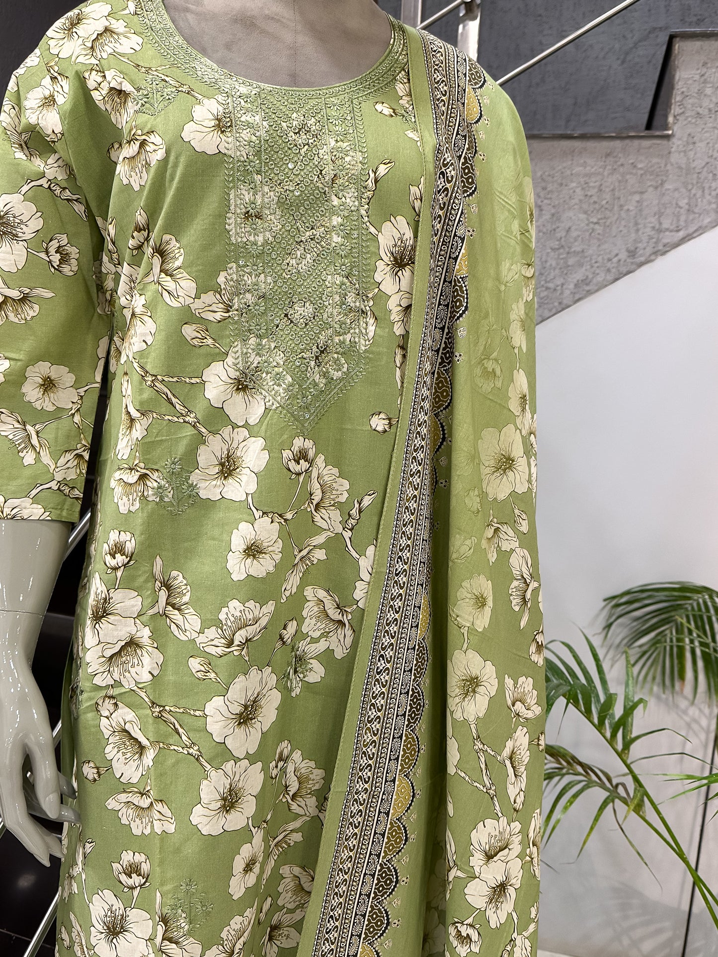 Fresh Green Floral Cotton Churidar Set with Embroidered Neck & Printed Dupatta