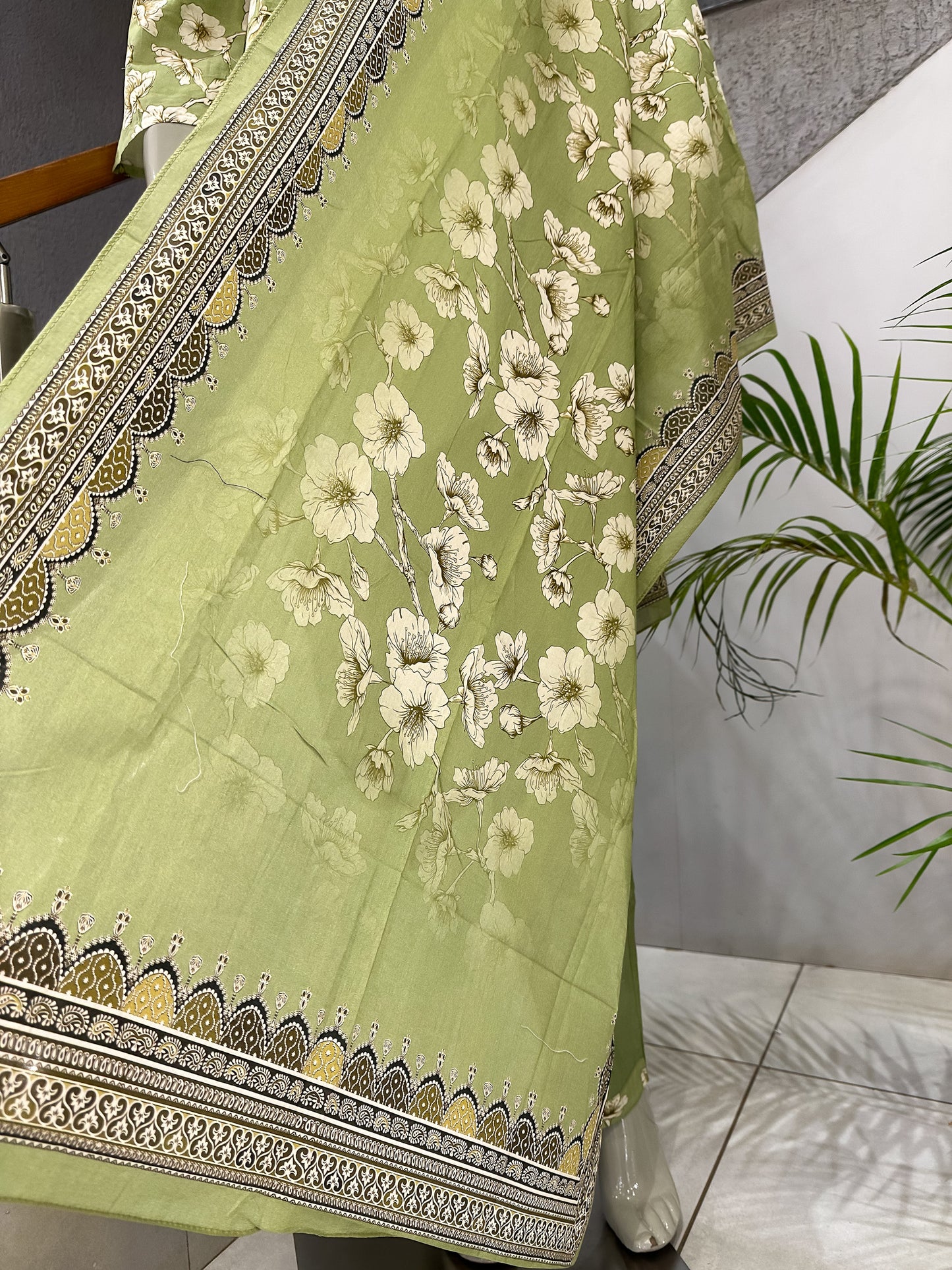 Fresh Green Floral Cotton Churidar Set with Embroidered Neck & Printed Dupatta