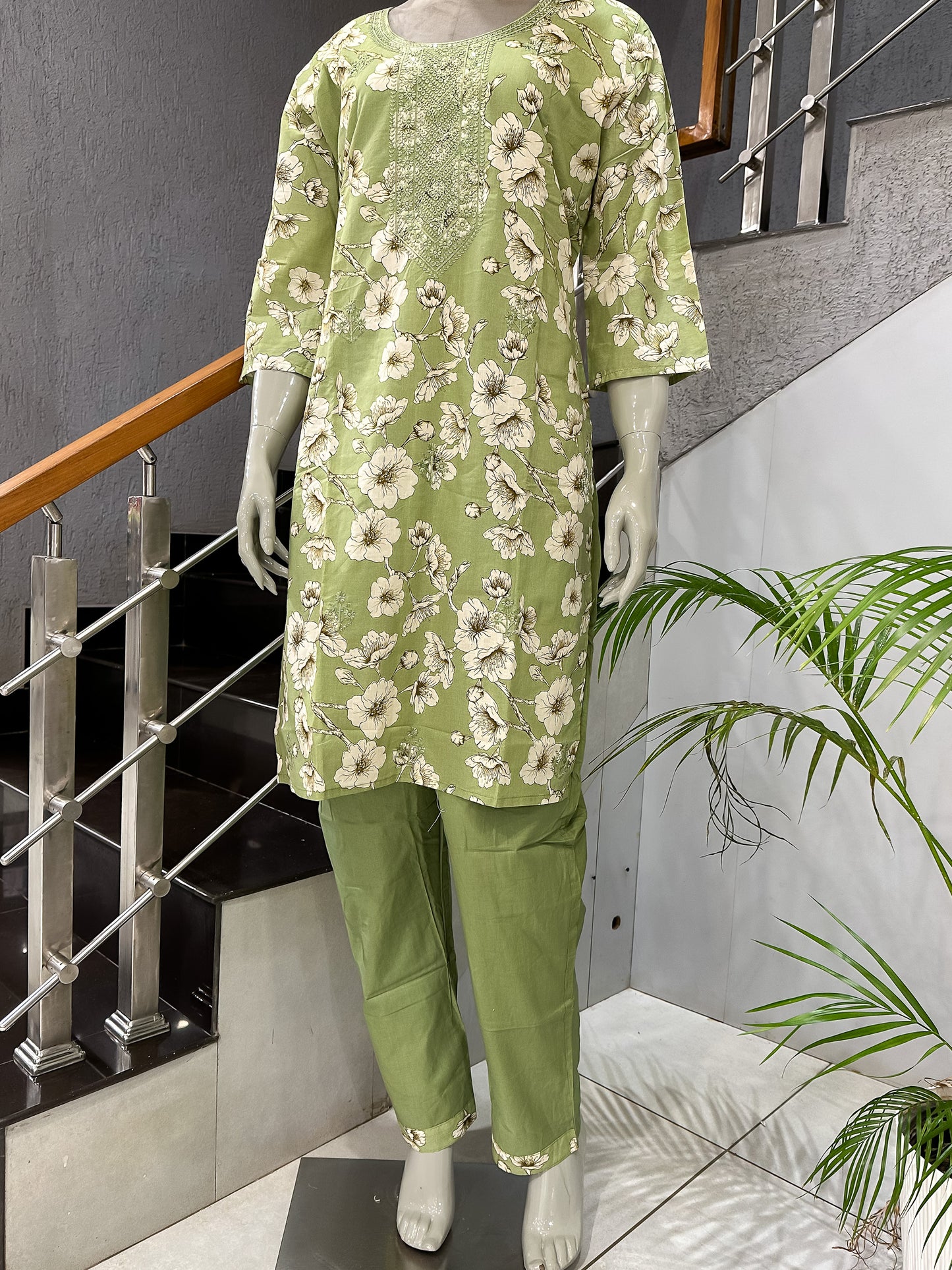 Fresh Green Floral Cotton Churidar Set with Embroidered Neck & Printed Dupatta