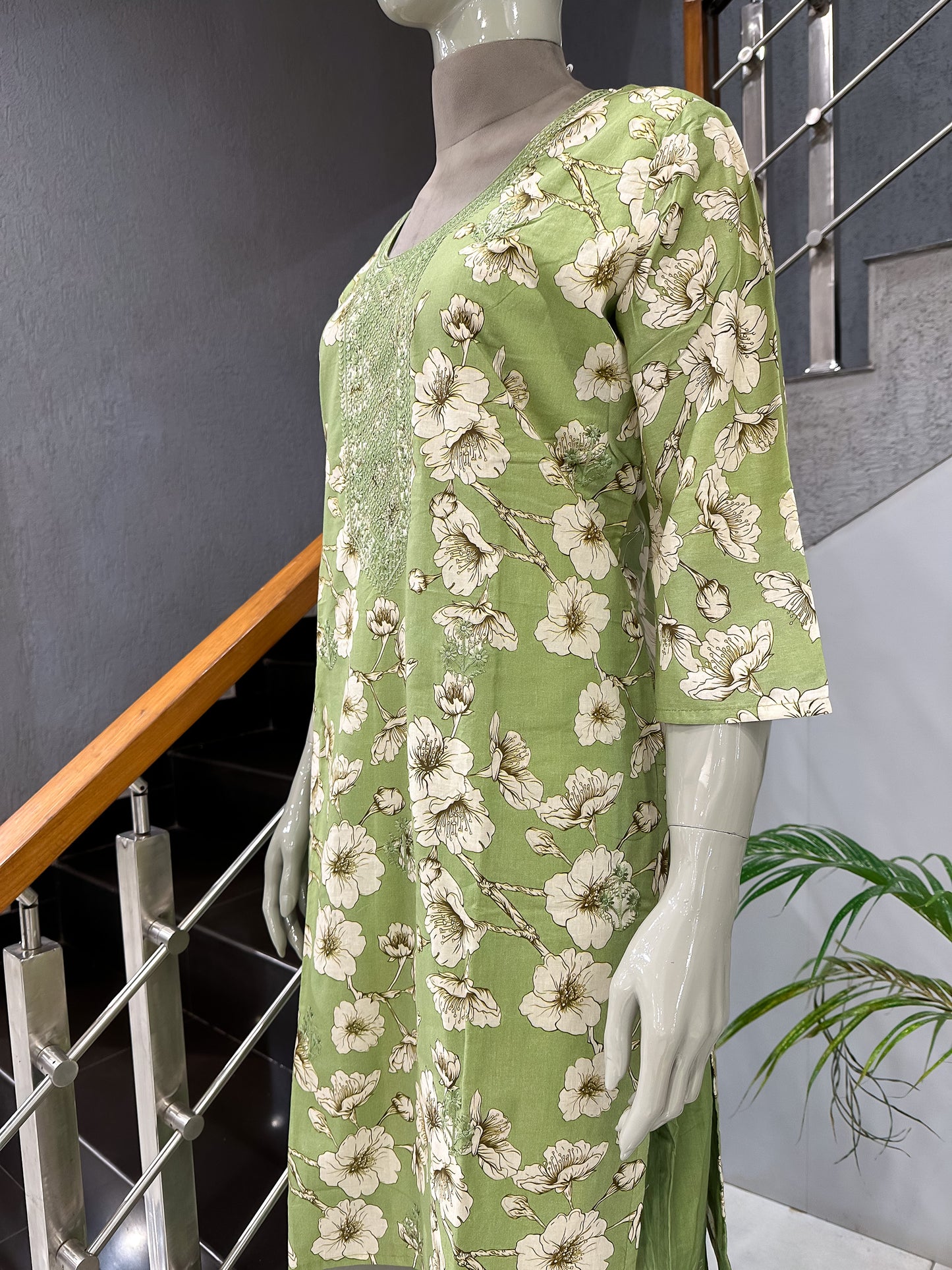 Fresh Green Floral Cotton Churidar Set with Embroidered Neck & Printed Dupatta