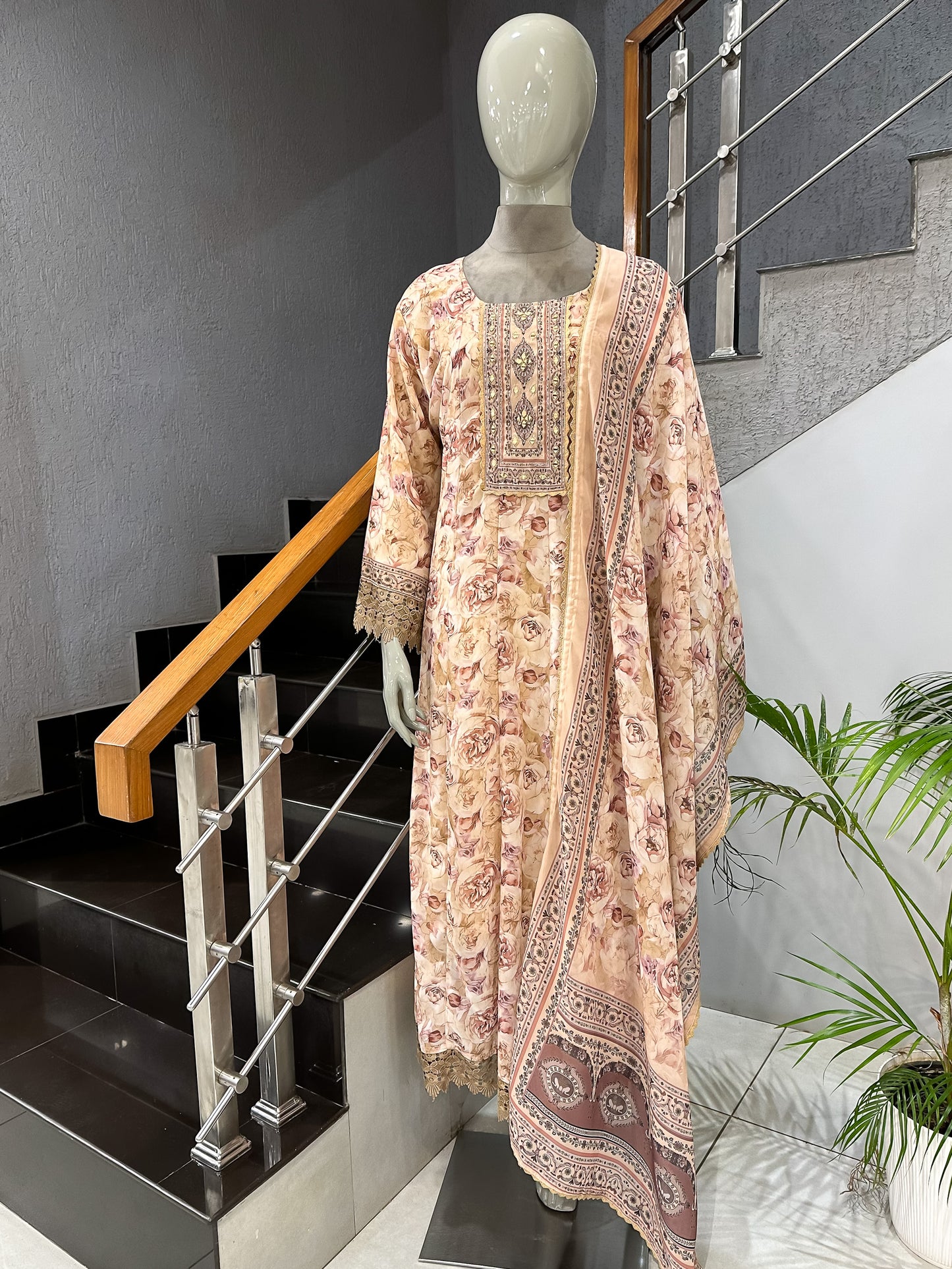 Blush Floral Chiffon Long Kurti Set with Embroidered Yoke & Designer Dupatta