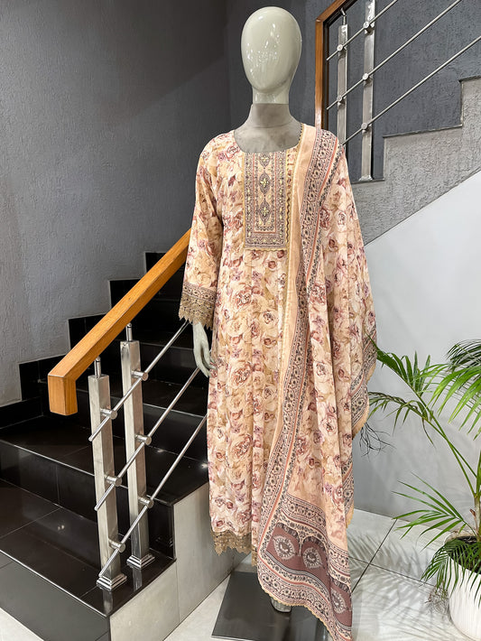 Blush Floral Chiffon Long Kurti Set with Embroidered Yoke & Designer Dupatta