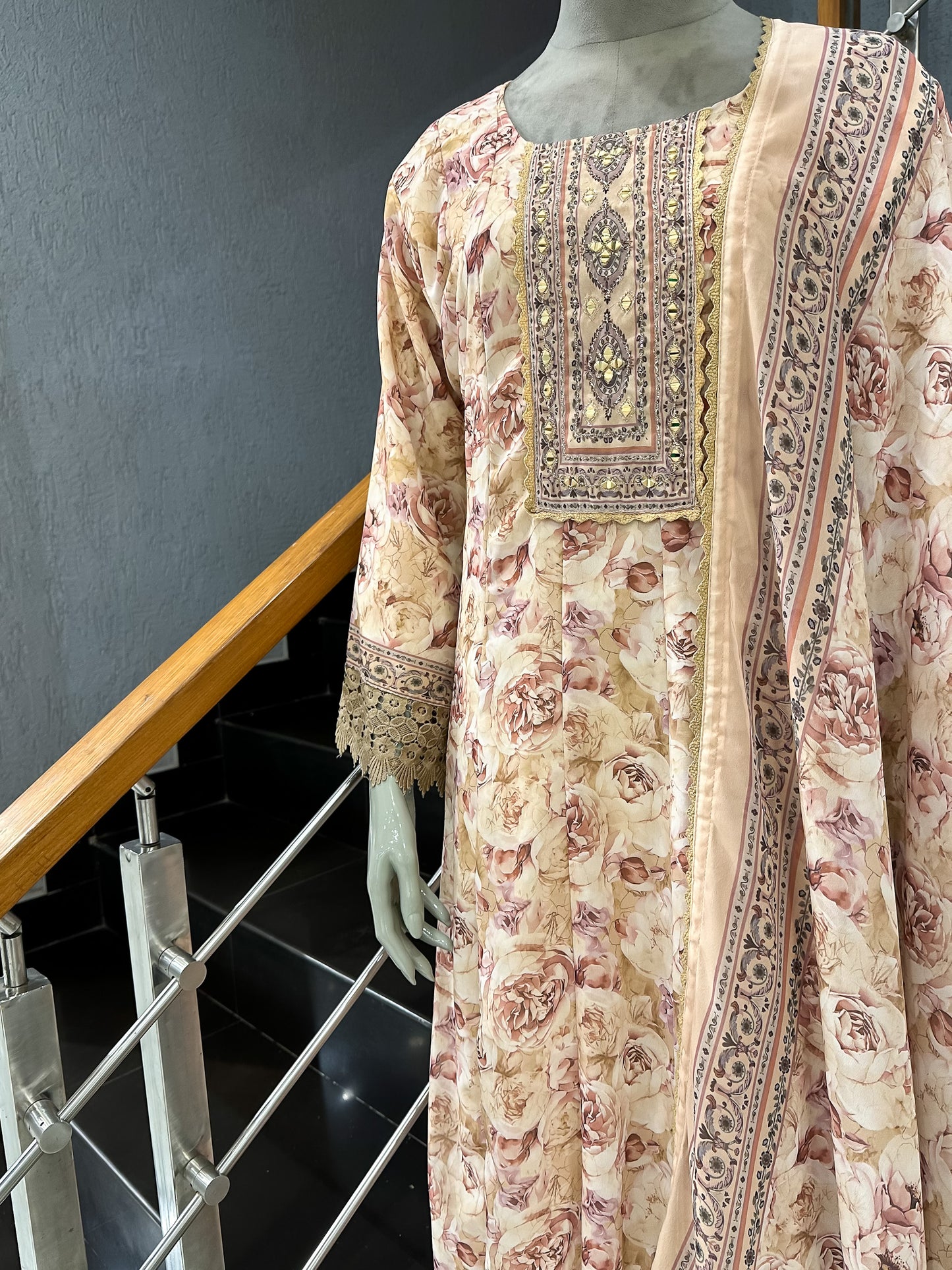 Blush Floral Chiffon Long Kurti Set with Embroidered Yoke & Designer Dupatta