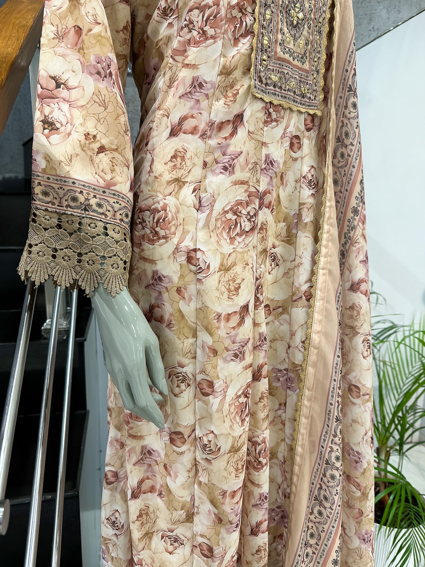 Blush Floral Chiffon Long Kurti Set with Embroidered Yoke & Designer Dupatta