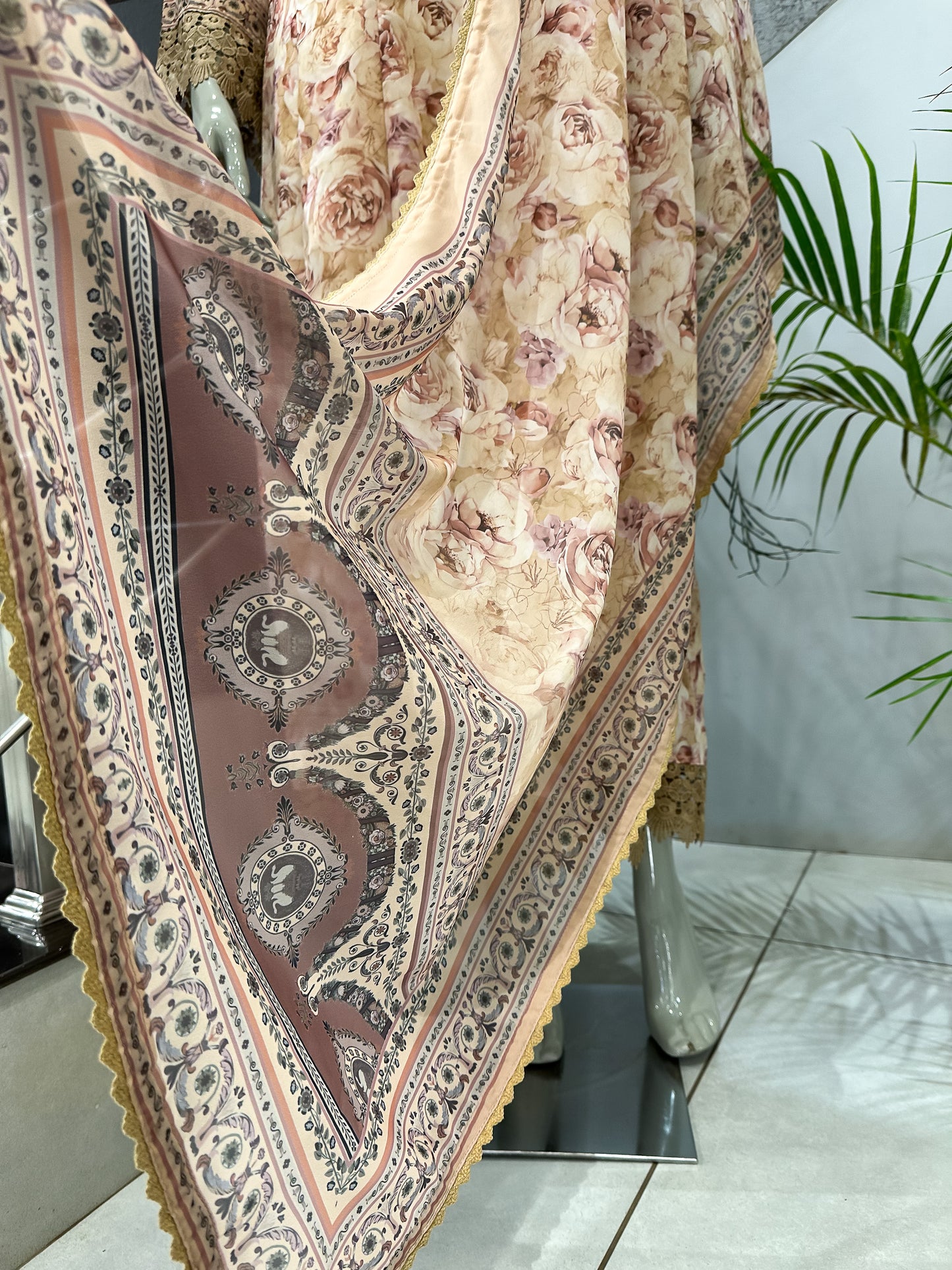 Blush Floral Chiffon Long Kurti Set with Embroidered Yoke & Designer Dupatta