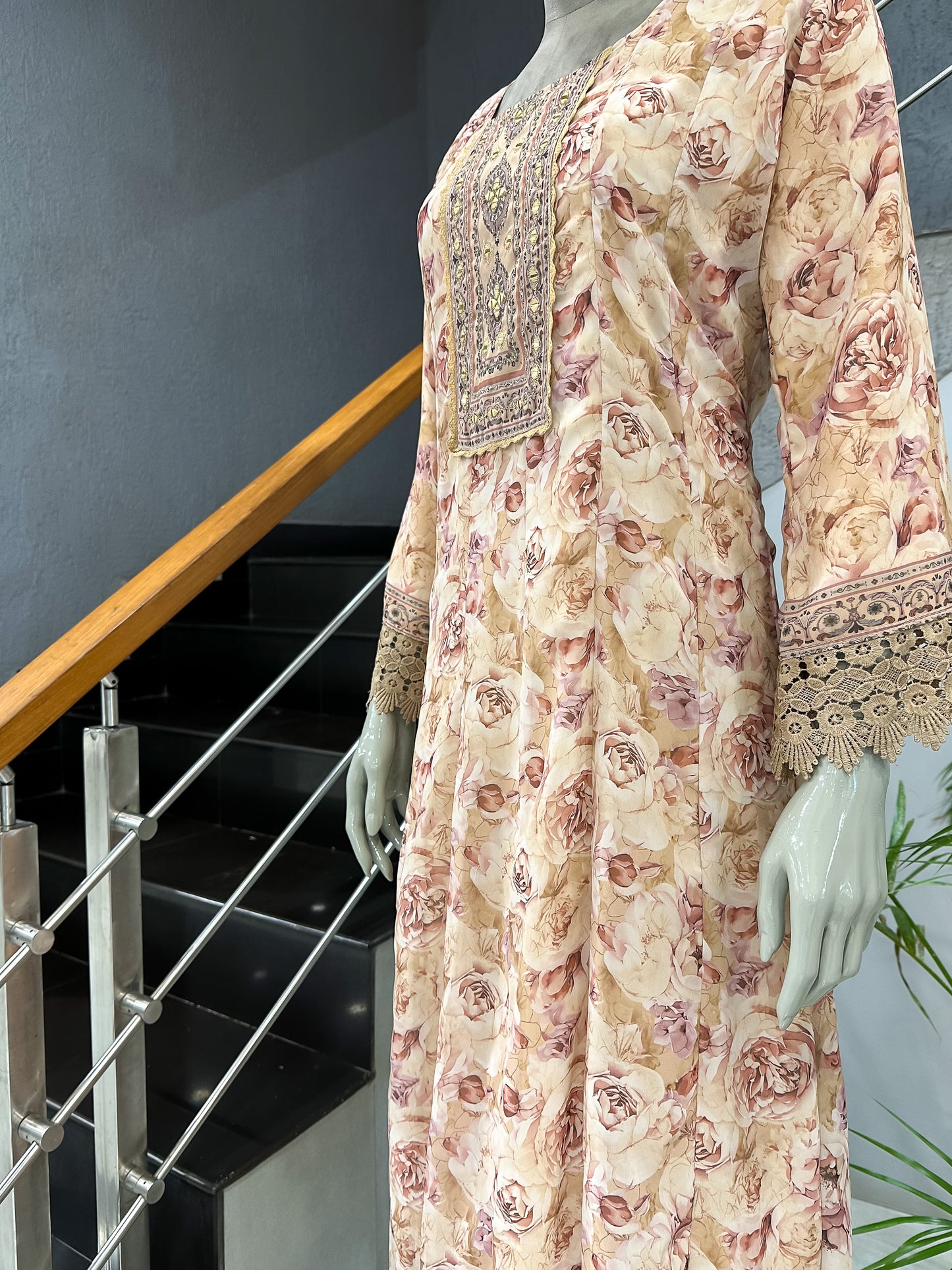 Blush Floral Chiffon Long Kurti Set with Embroidered Yoke & Designer Dupatta