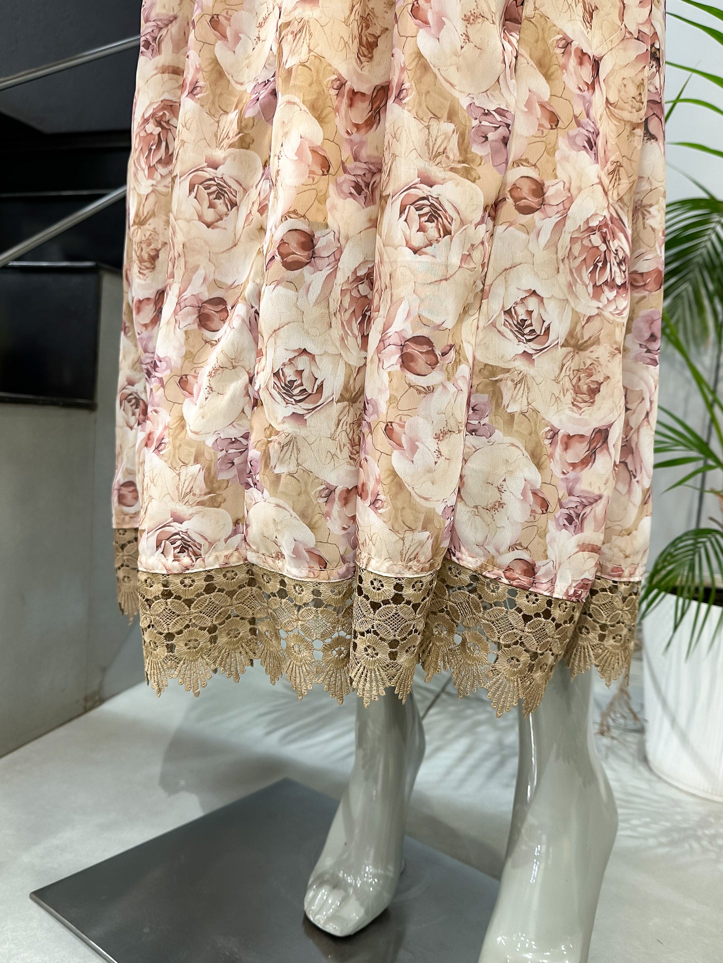 Blush Floral Chiffon Long Kurti Set with Embroidered Yoke & Designer Dupatta