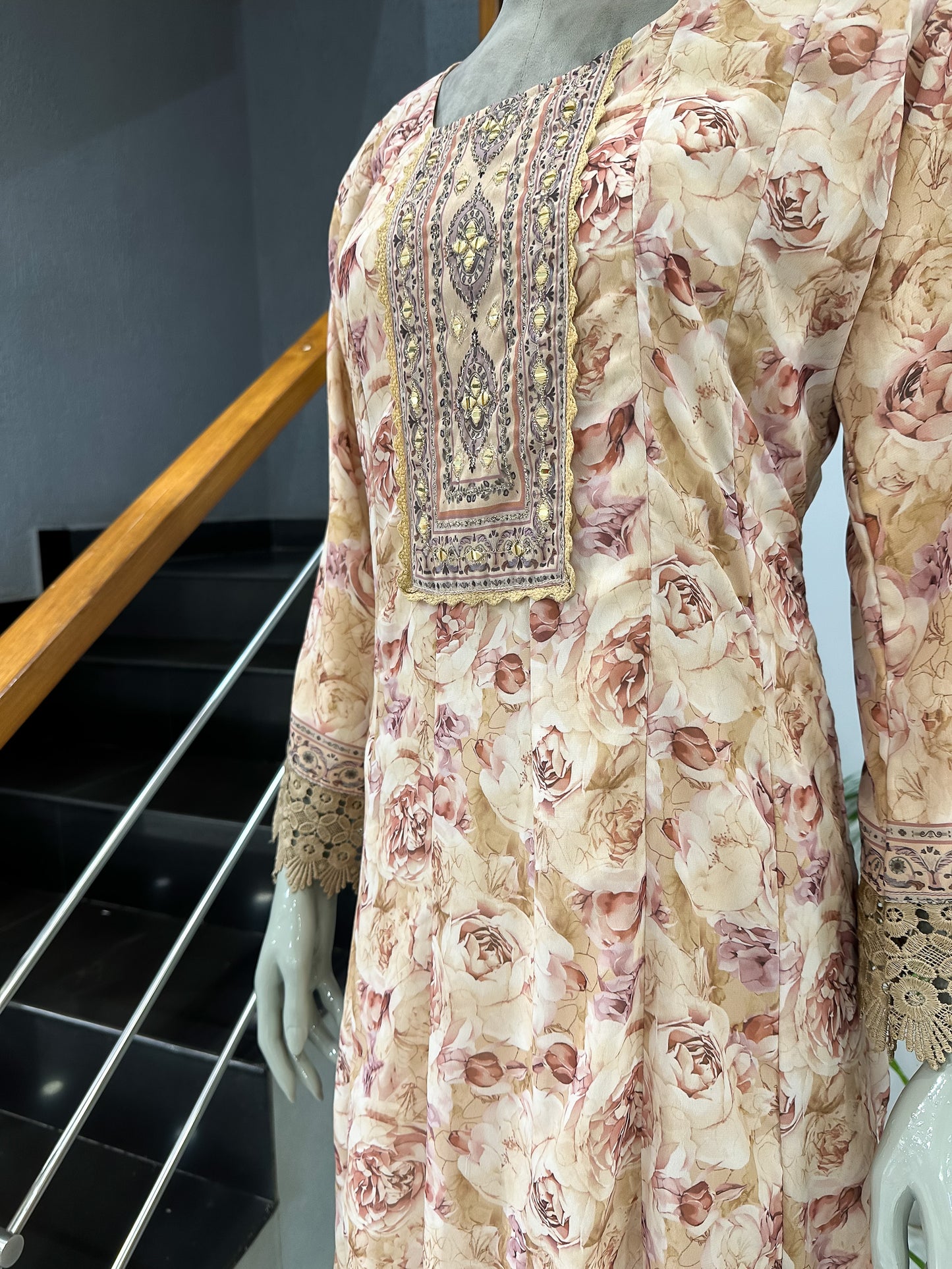 Blush Floral Chiffon Long Kurti Set with Embroidered Yoke & Designer Dupatta