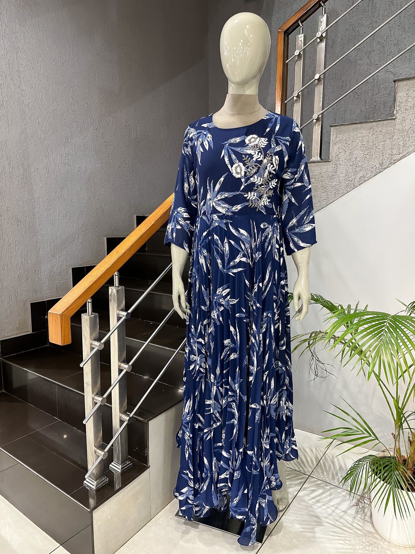 Navy Blue Floral Chiffon Maxi Gown | Elegant Flowing Long Dress for Women