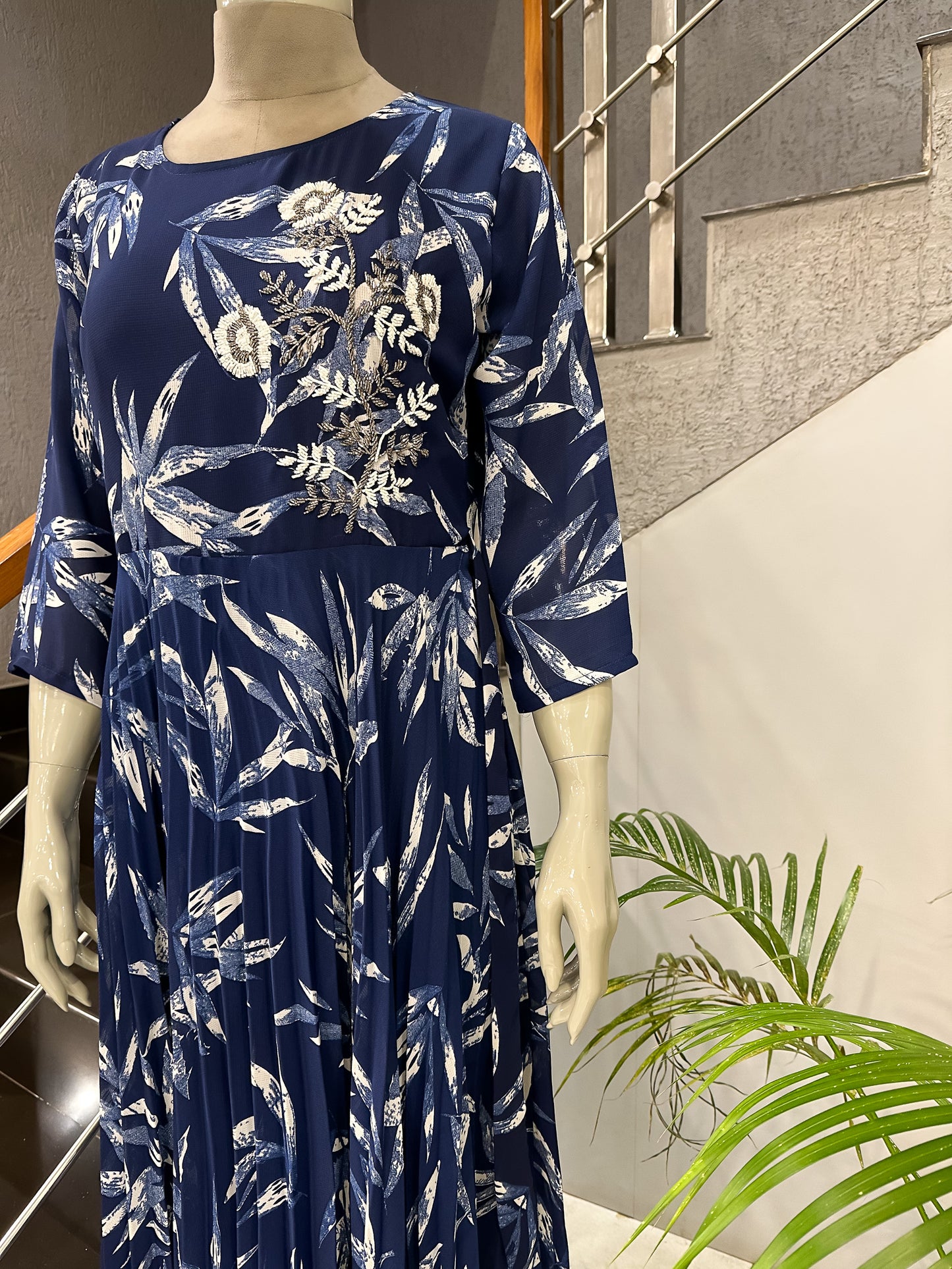 Navy Blue Floral Chiffon Maxi Gown | Elegant Flowing Long Dress for Women