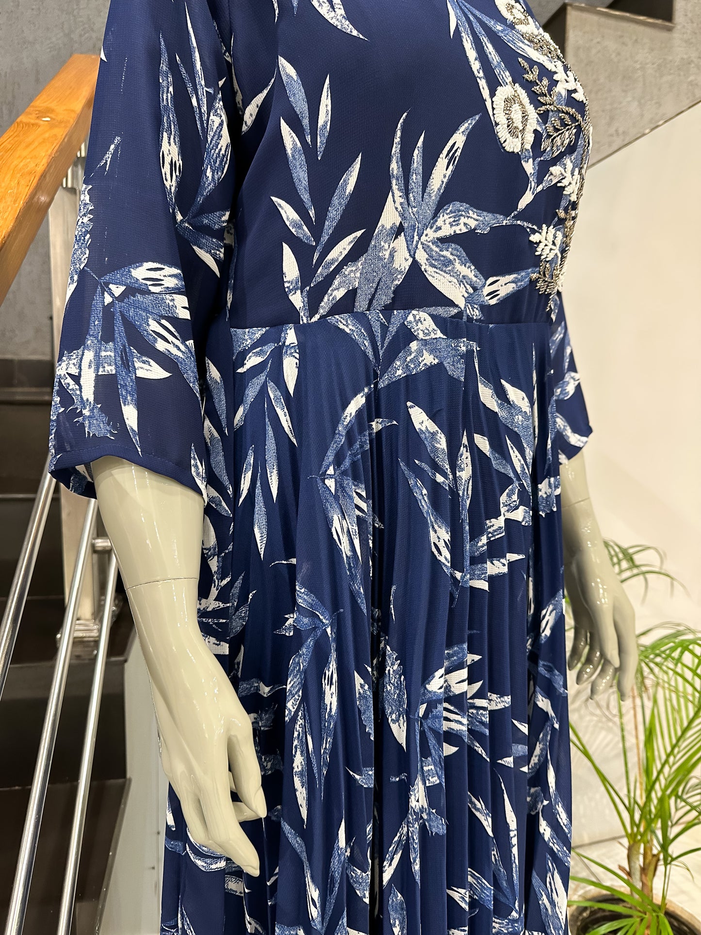 Navy Blue Floral Chiffon Maxi Gown | Elegant Flowing Long Dress for Women