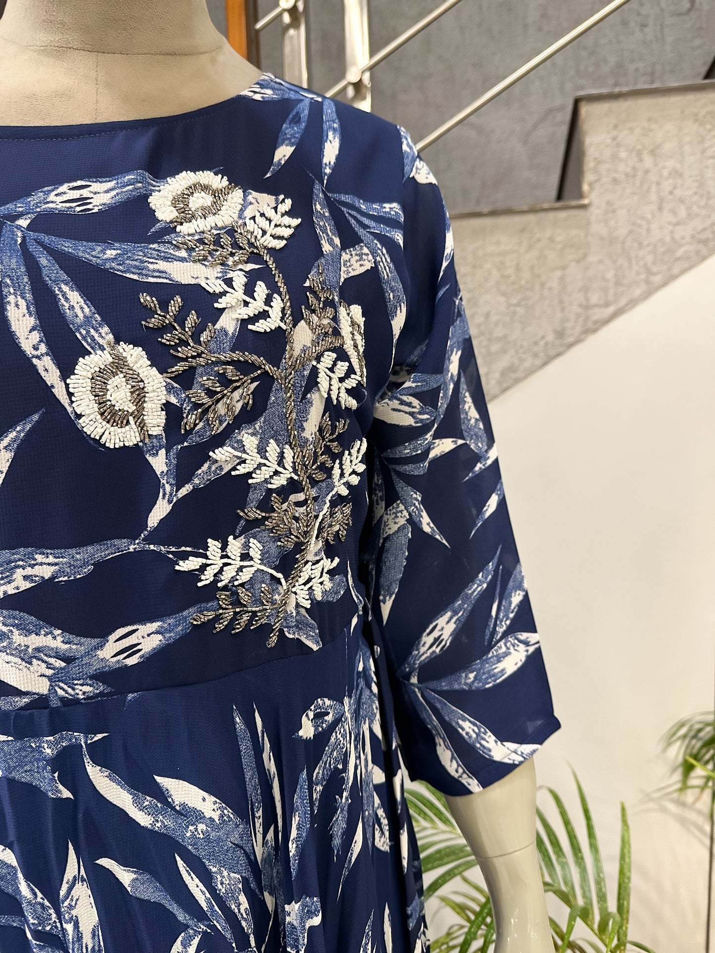 Navy Blue Floral Chiffon Maxi Gown | Elegant Flowing Long Dress for Women