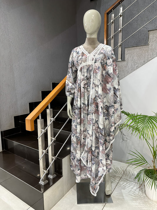 Pastel Floral Crepe Maxi Gown with Shawl | Elegant Printed Long Dress Set