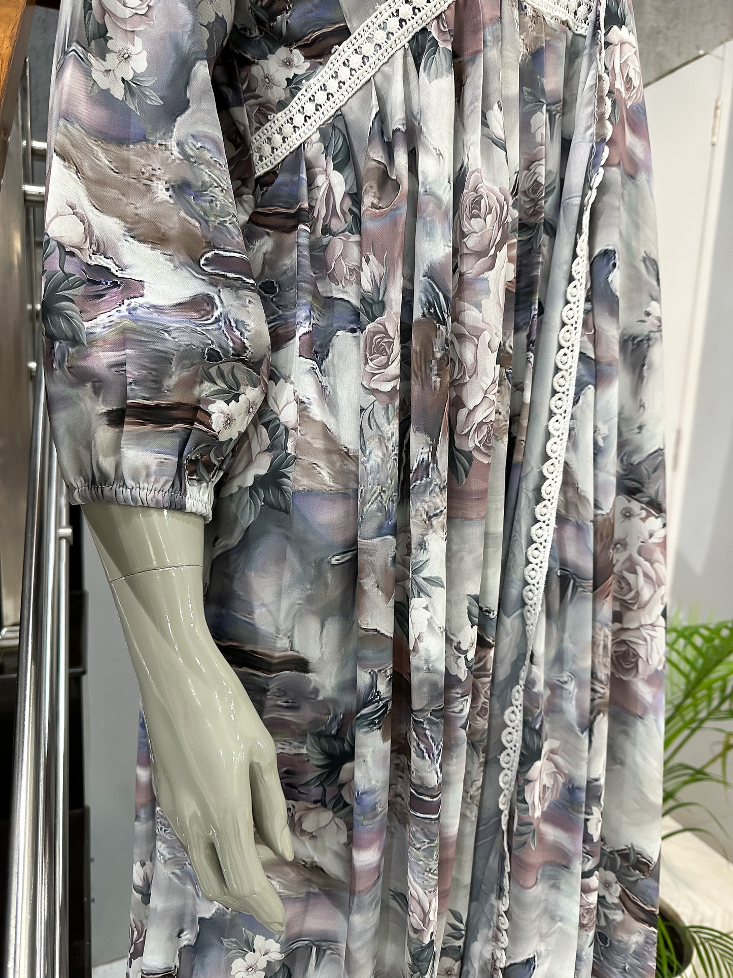 Pastel Floral Crepe Maxi Gown with Shawl | Elegant Printed Long Dress Set