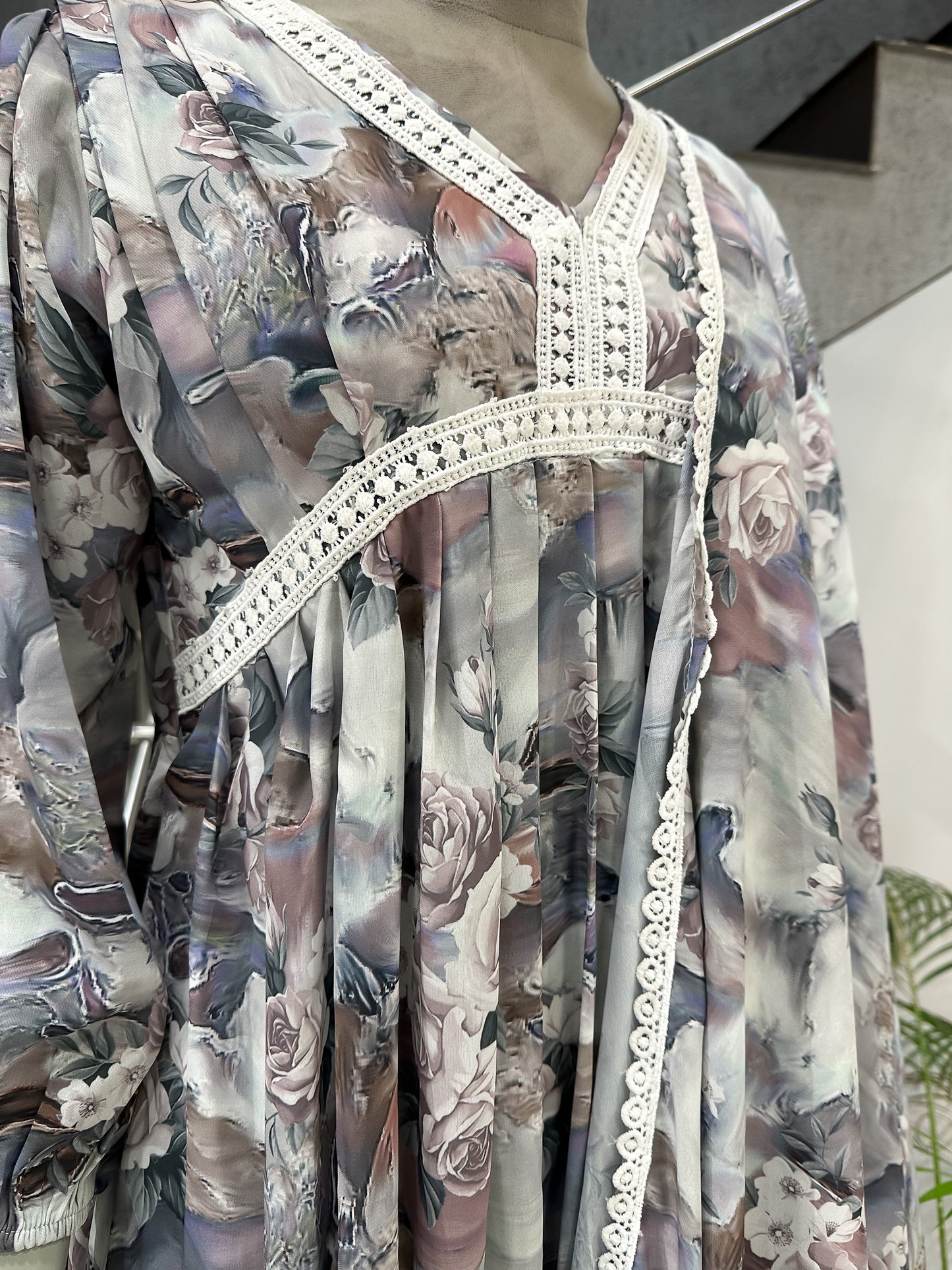 Pastel Floral Crepe Maxi Gown with Shawl | Elegant Printed Long Dress Set