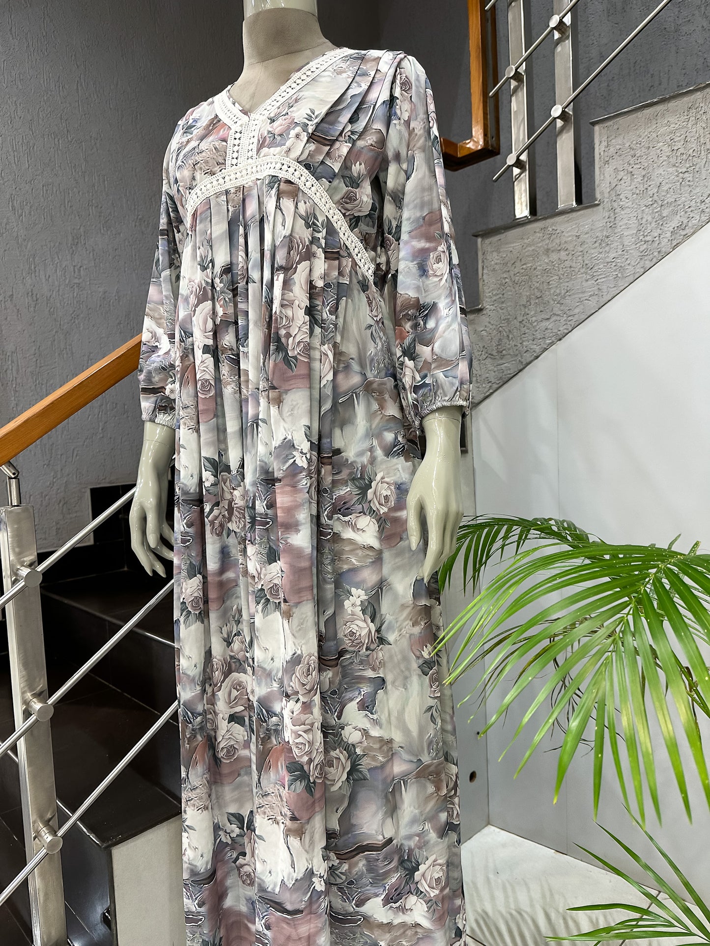 Pastel Floral Crepe Maxi Gown with Shawl | Elegant Printed Long Dress Set