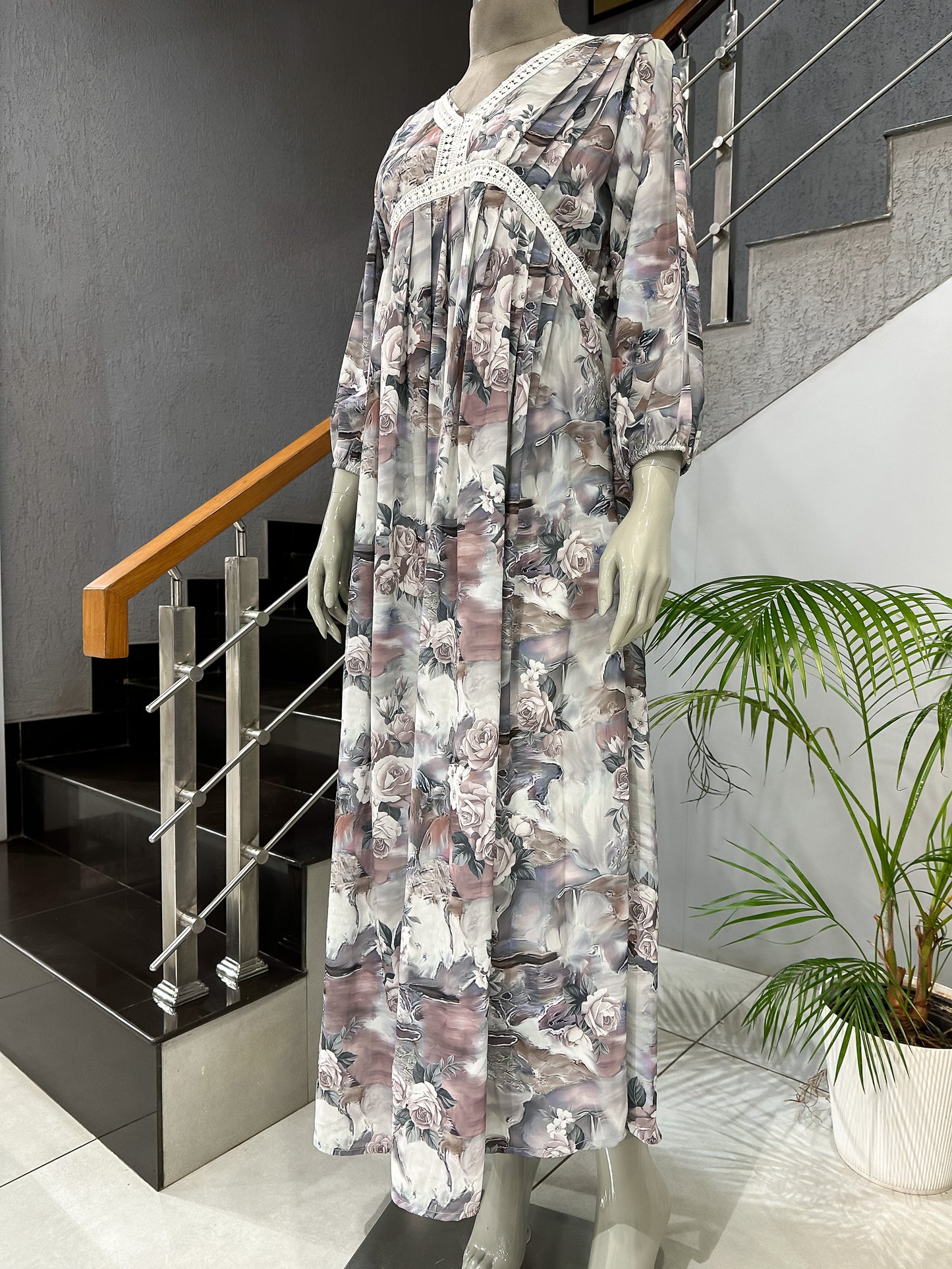 Pastel Floral Crepe Maxi Gown with Shawl | Elegant Printed Long Dress Set