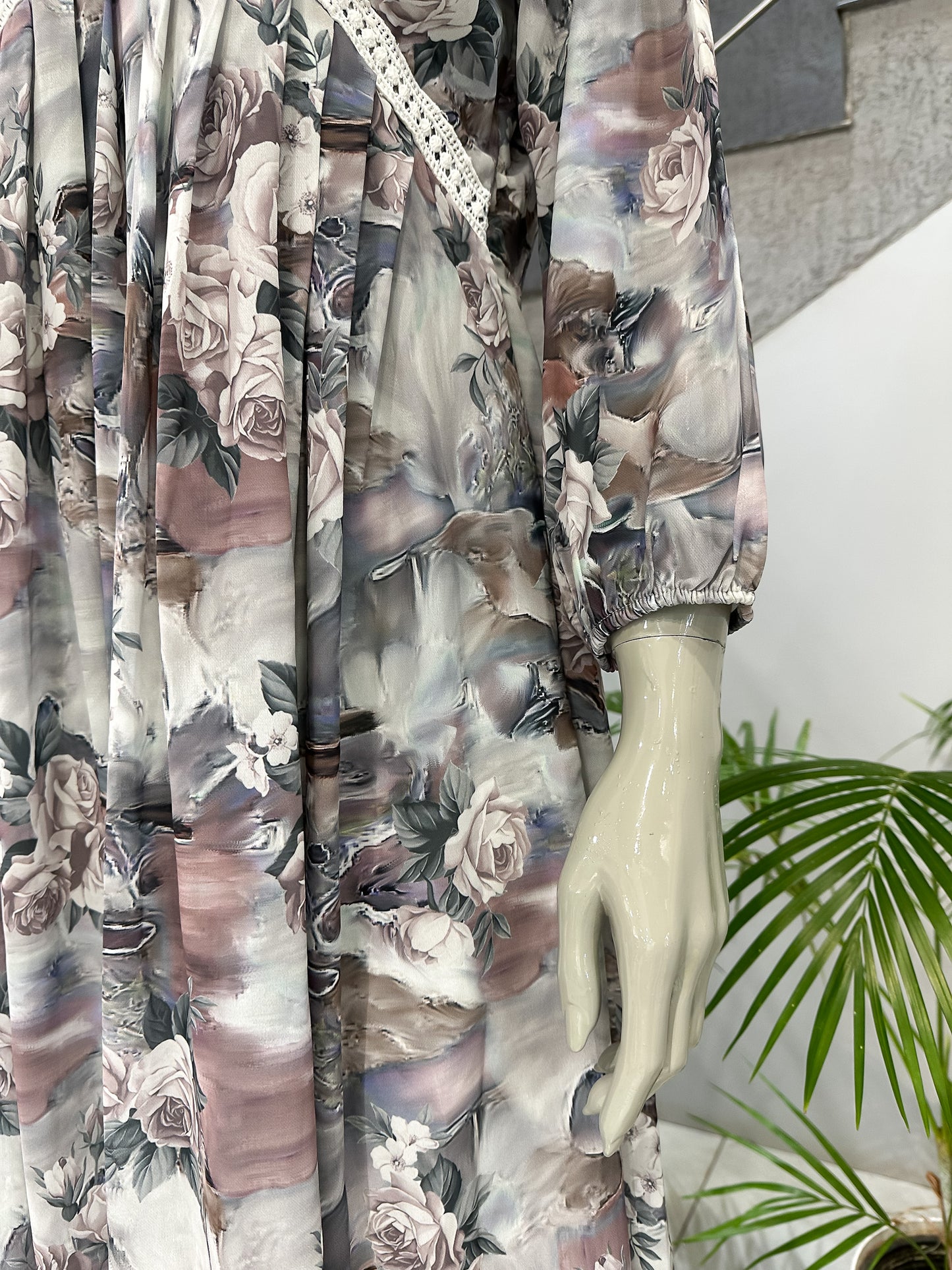Pastel Floral Crepe Maxi Gown with Shawl | Elegant Printed Long Dress Set