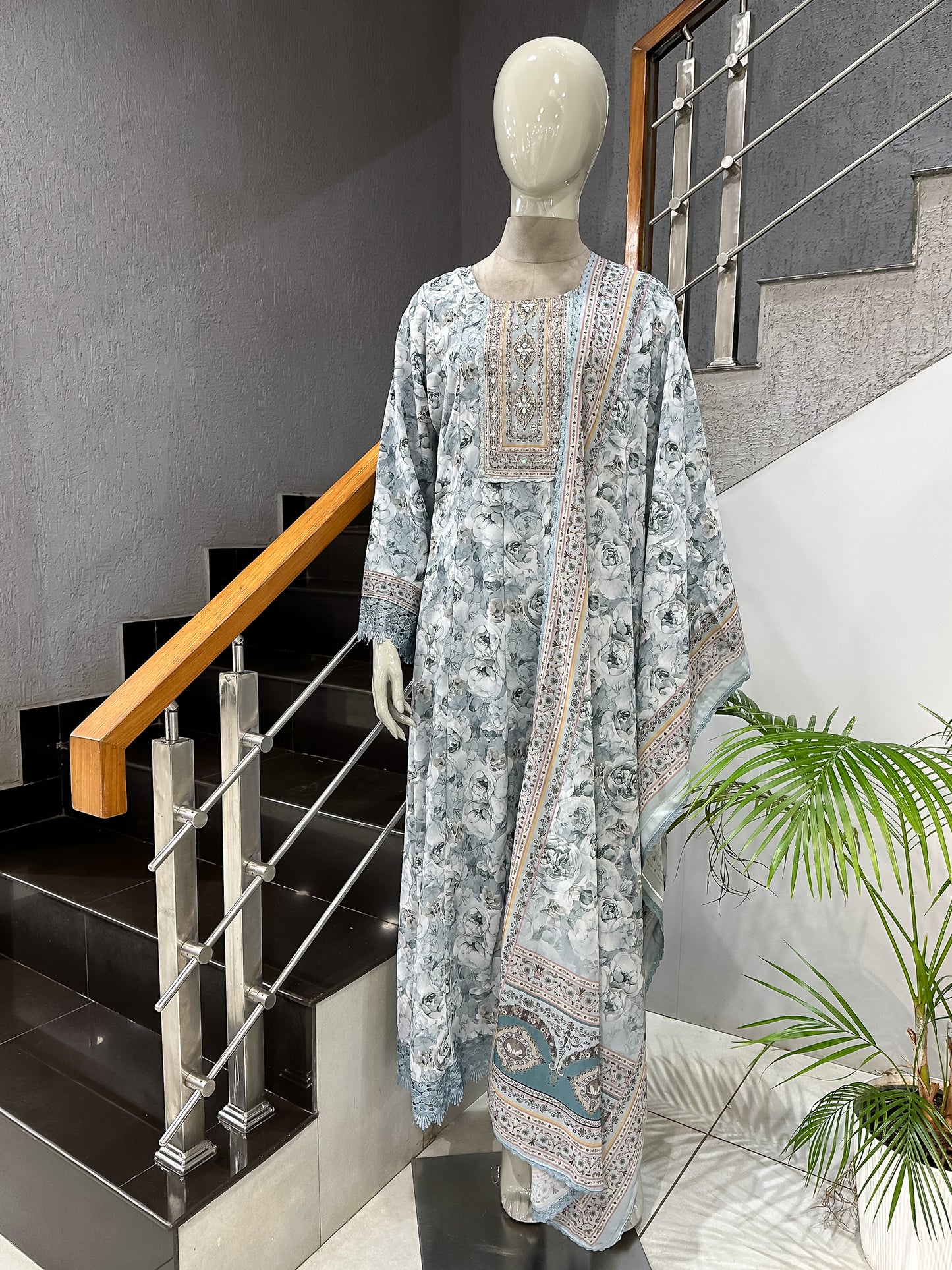 Dusty Blue Floral Chiffon Long Kurti with Embroidered Yoke & Designer Dupatta