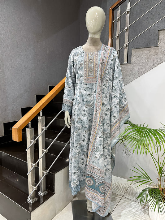 Dusty Blue Floral Chiffon Long Kurti with Embroidered Yoke & Designer Dupatta