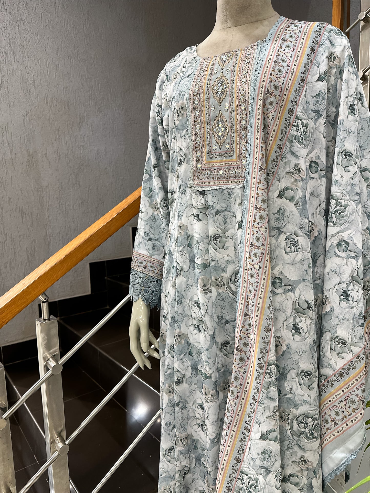 Dusty Blue Floral Chiffon Long Kurti with Embroidered Yoke & Designer Dupatta