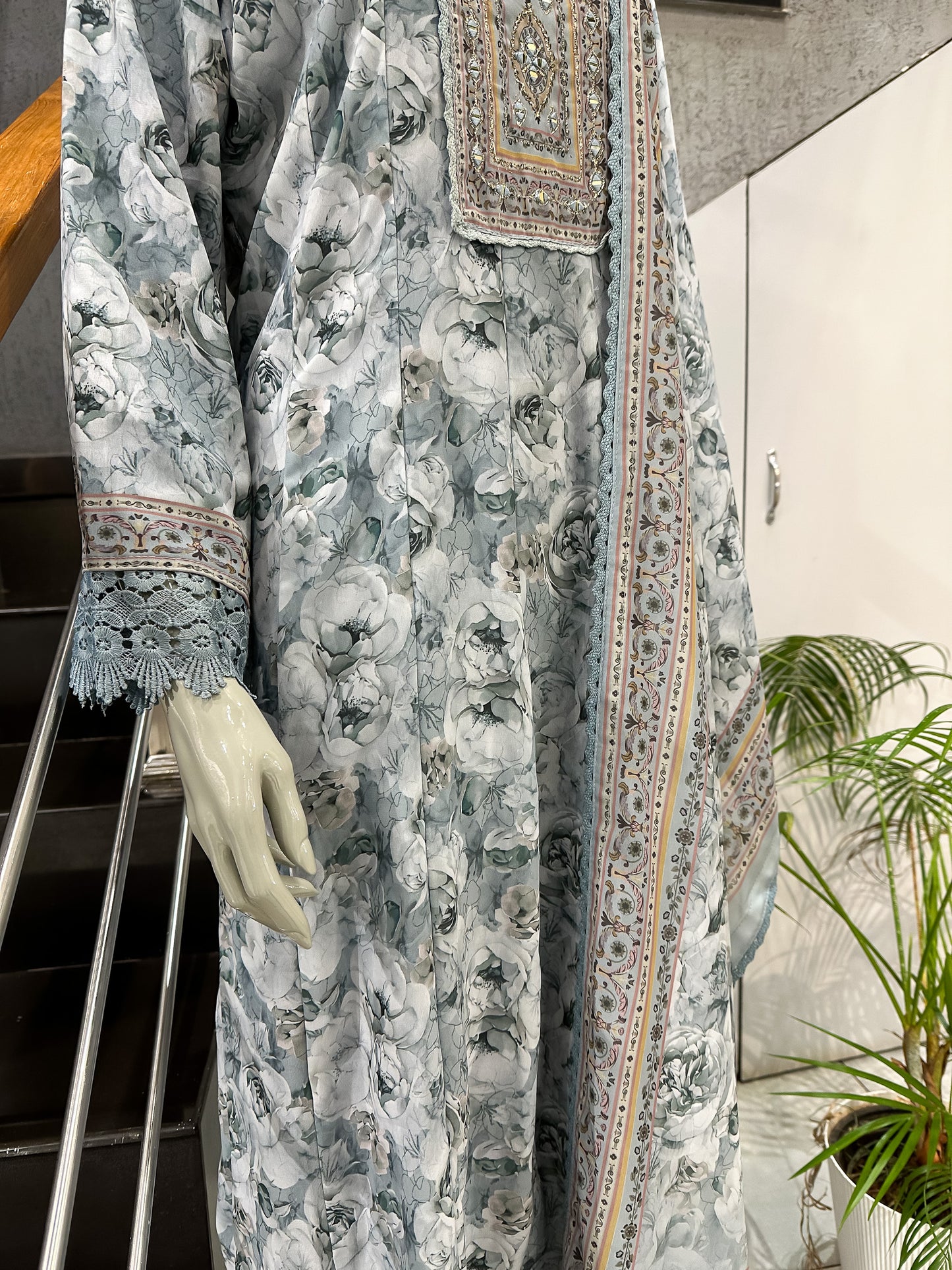 Dusty Blue Floral Chiffon Long Kurti with Embroidered Yoke & Designer Dupatta