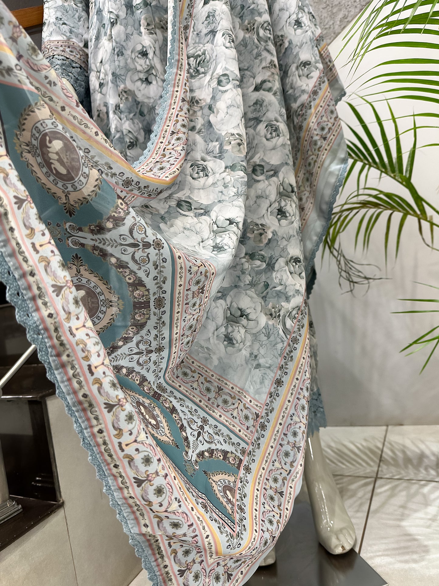 Dusty Blue Floral Chiffon Long Kurti with Embroidered Yoke & Designer Dupatta