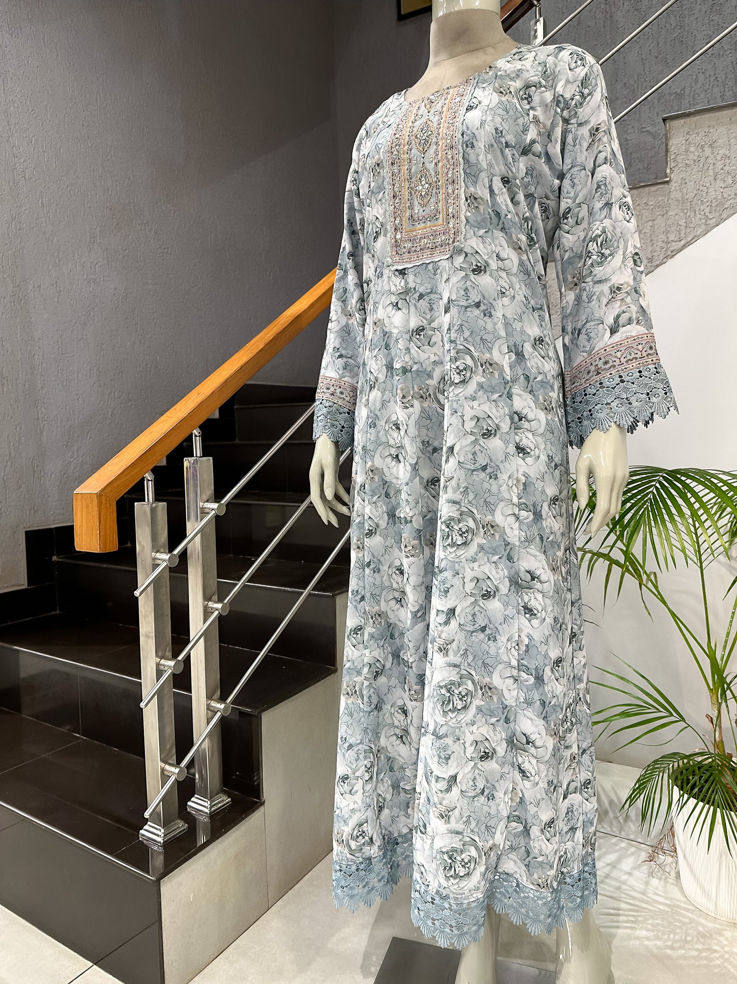 Dusty Blue Floral Chiffon Long Kurti with Embroidered Yoke & Designer Dupatta