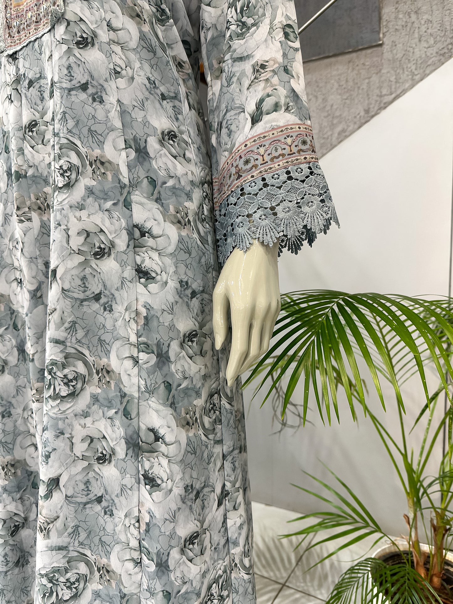 Dusty Blue Floral Chiffon Long Kurti with Embroidered Yoke & Designer Dupatta