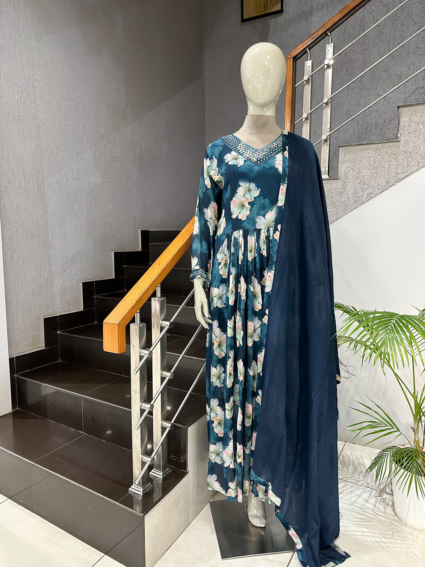 Teal Floral Chiffon Maxi Gown with Dupatta | Embellished Neck Long Dress Set