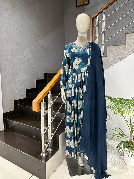 Teal Floral Chiffon Maxi Gown with Dupatta | Embellished Neck Long Dress Set