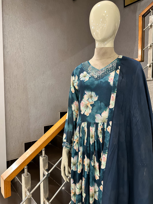 Teal Floral Chiffon Maxi Gown with Dupatta | Embellished Neck Long Dress Set