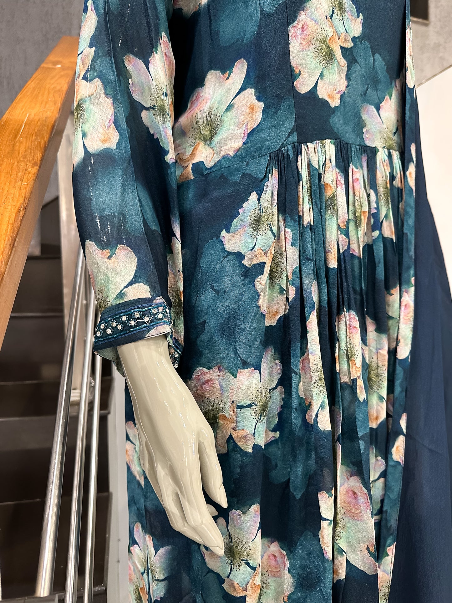 Teal Floral Chiffon Maxi Gown with Dupatta | Embellished Neck Long Dress Set
