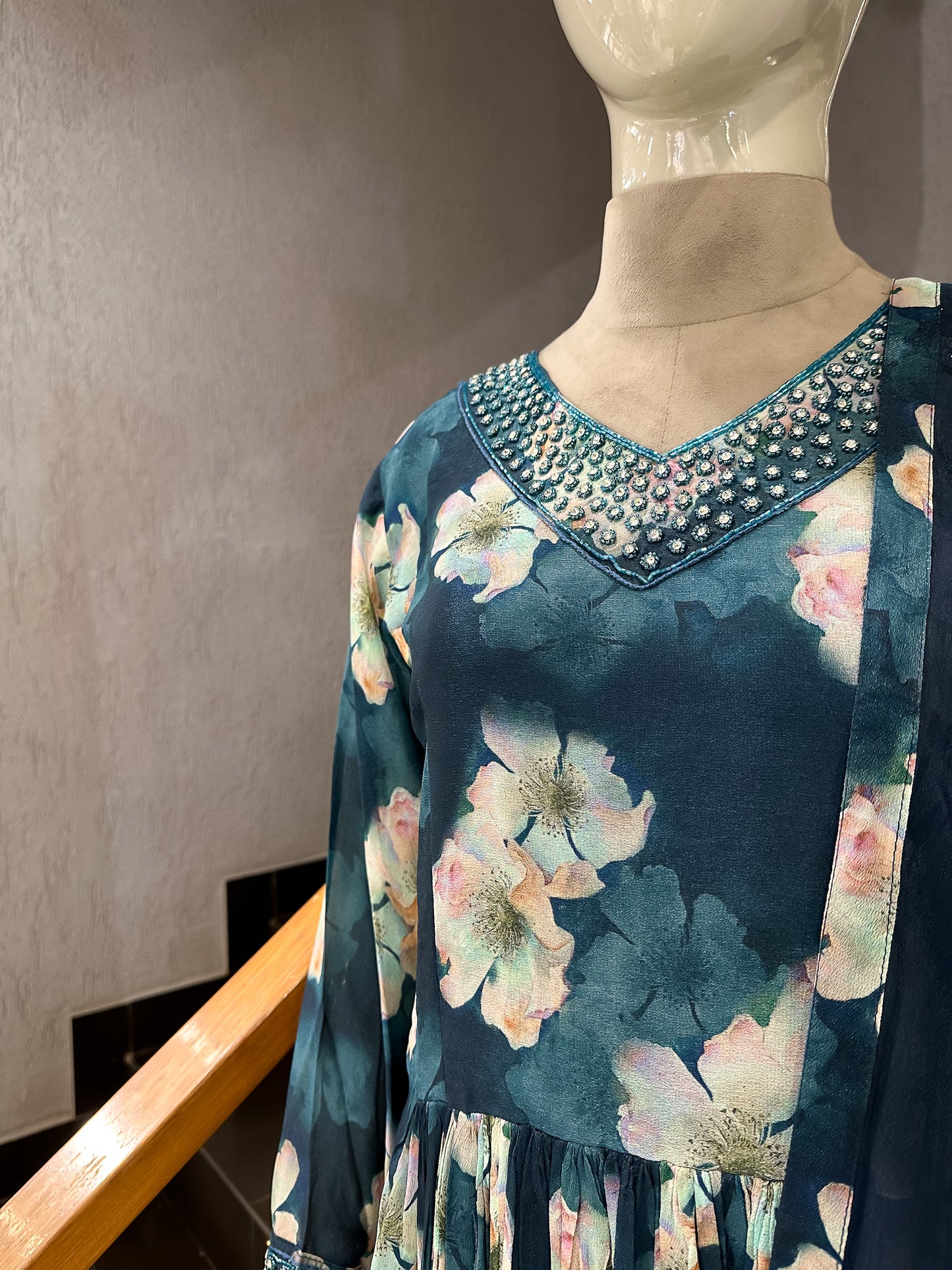 Teal Floral Chiffon Maxi Gown with Dupatta | Embellished Neck Long Dress Set