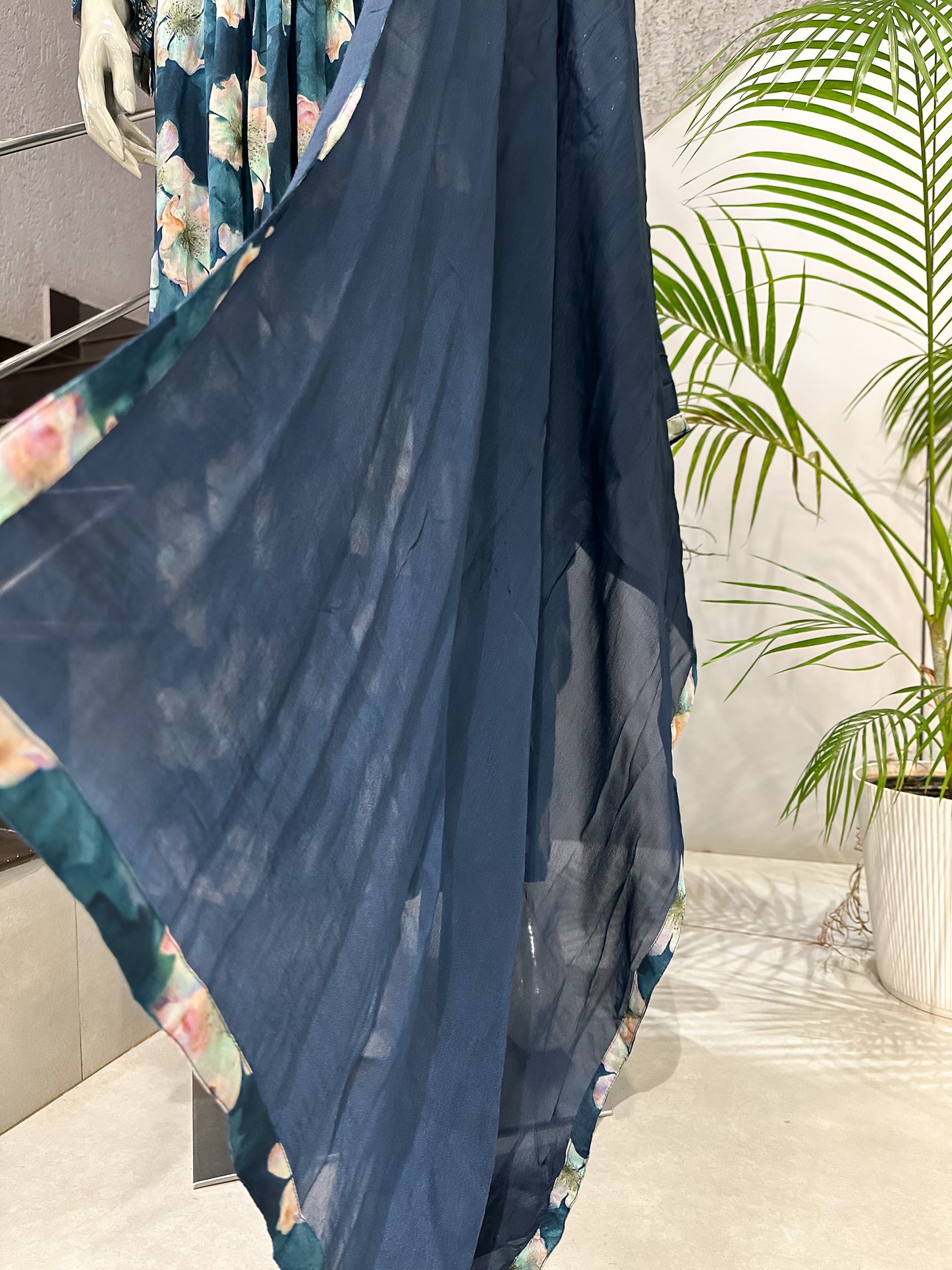Teal Floral Chiffon Maxi Gown with Dupatta | Embellished Neck Long Dress Set