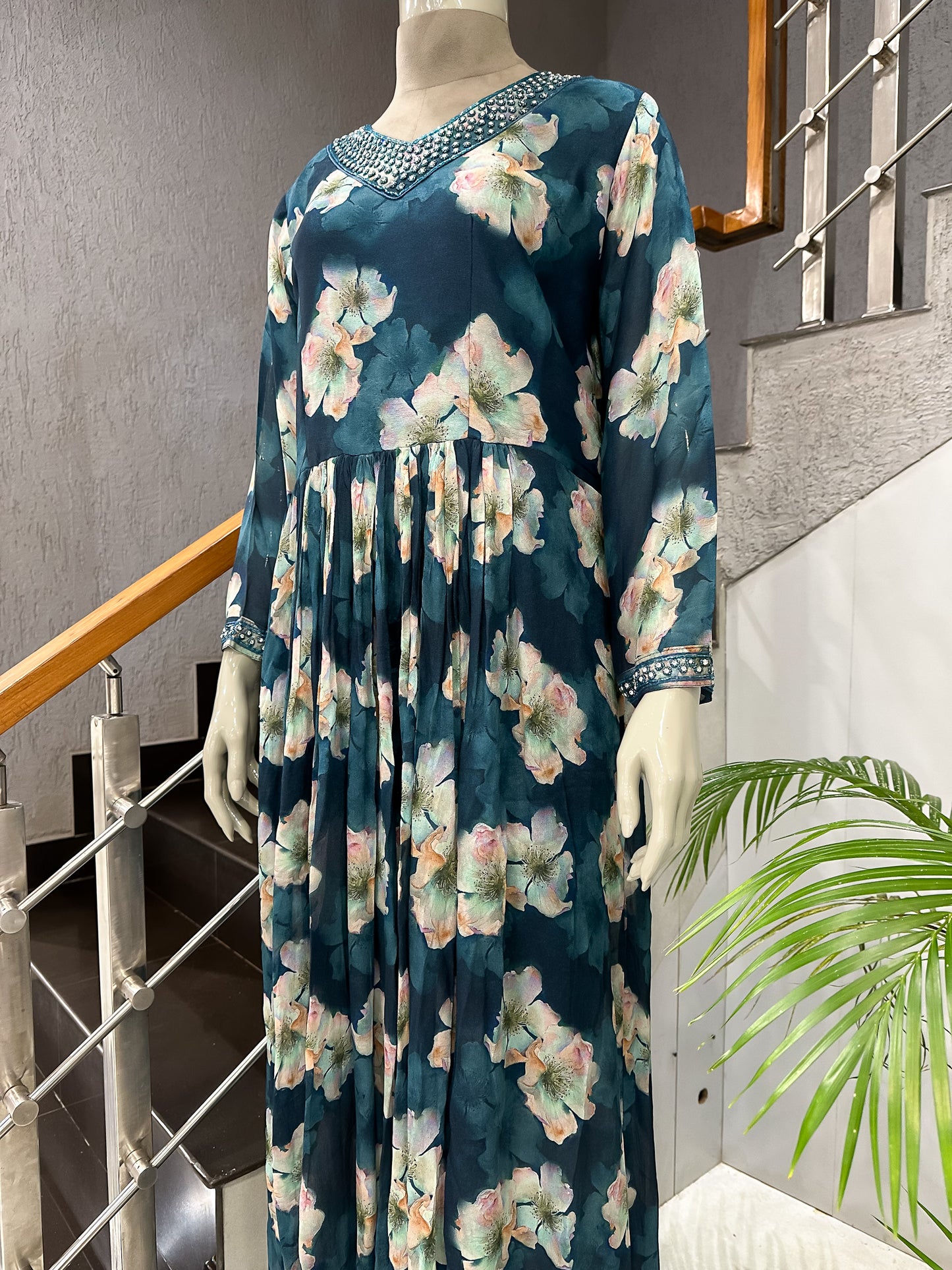 Teal Floral Chiffon Maxi Gown with Dupatta | Embellished Neck Long Dress Set