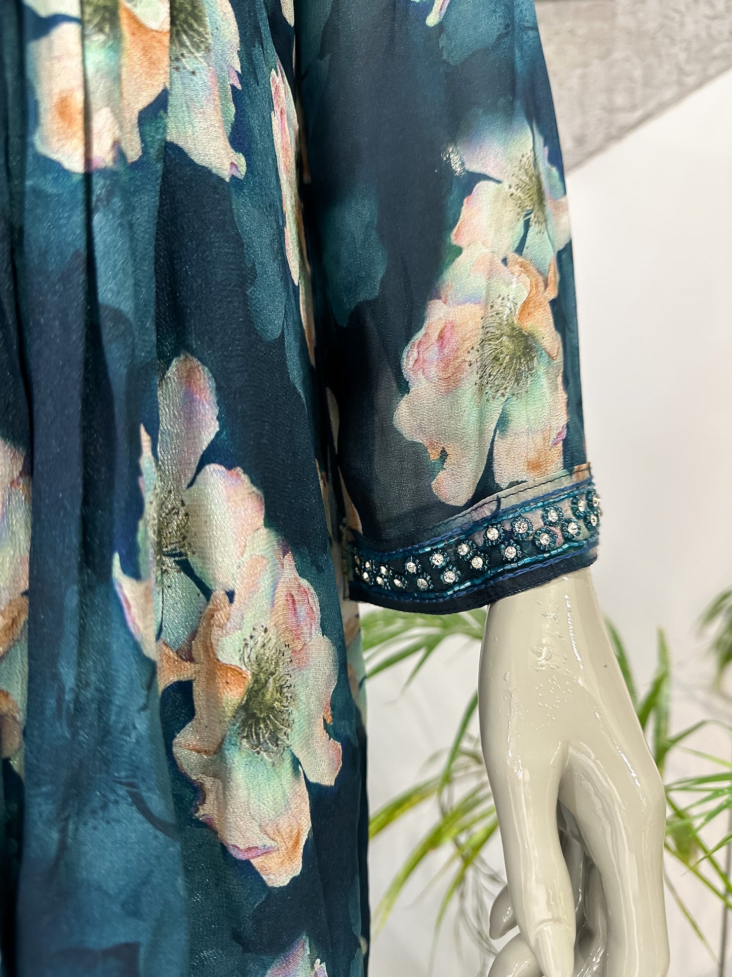 Teal Floral Chiffon Maxi Gown with Dupatta | Embellished Neck Long Dress Set