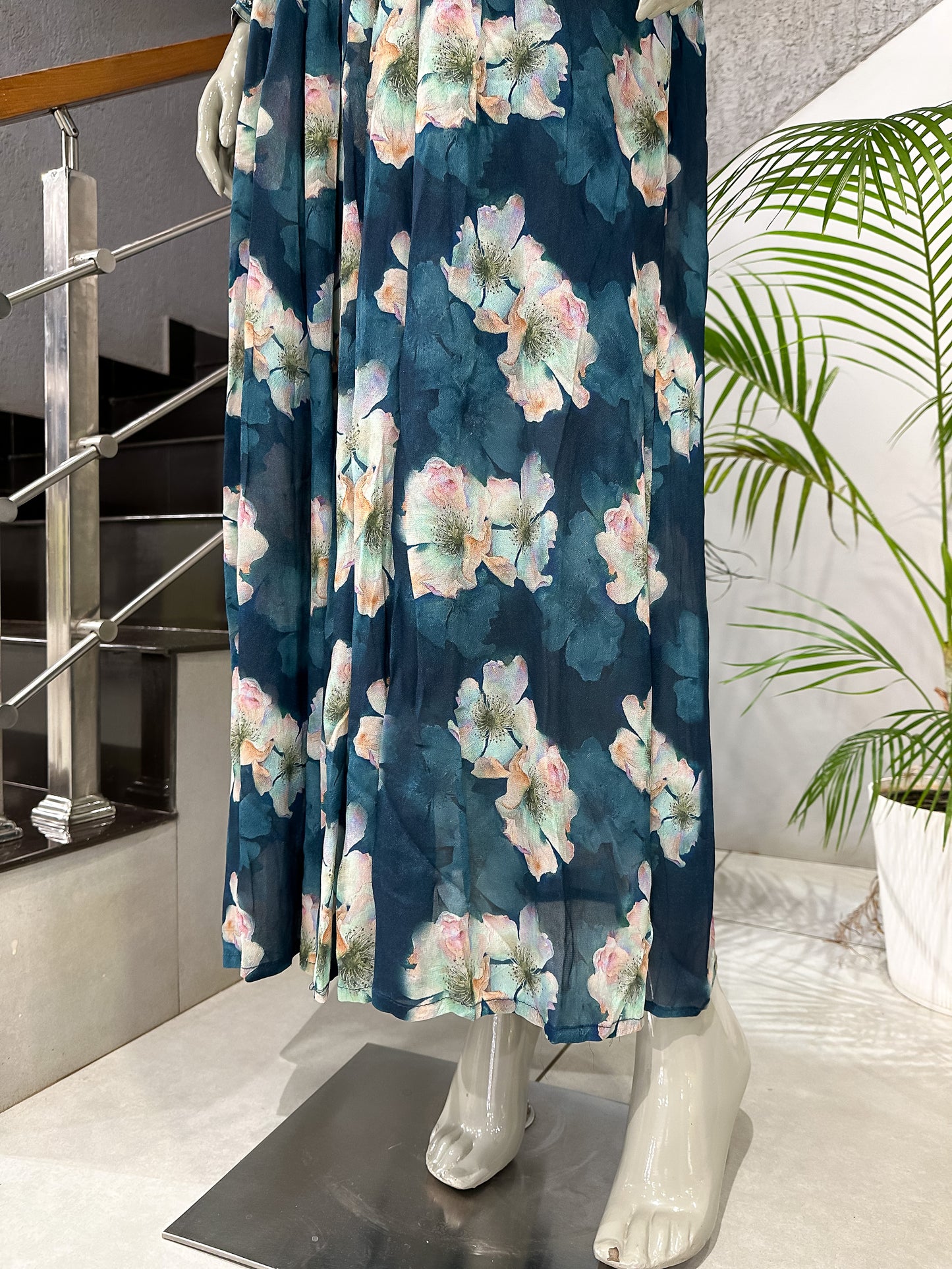 Teal Floral Chiffon Maxi Gown with Dupatta | Embellished Neck Long Dress Set